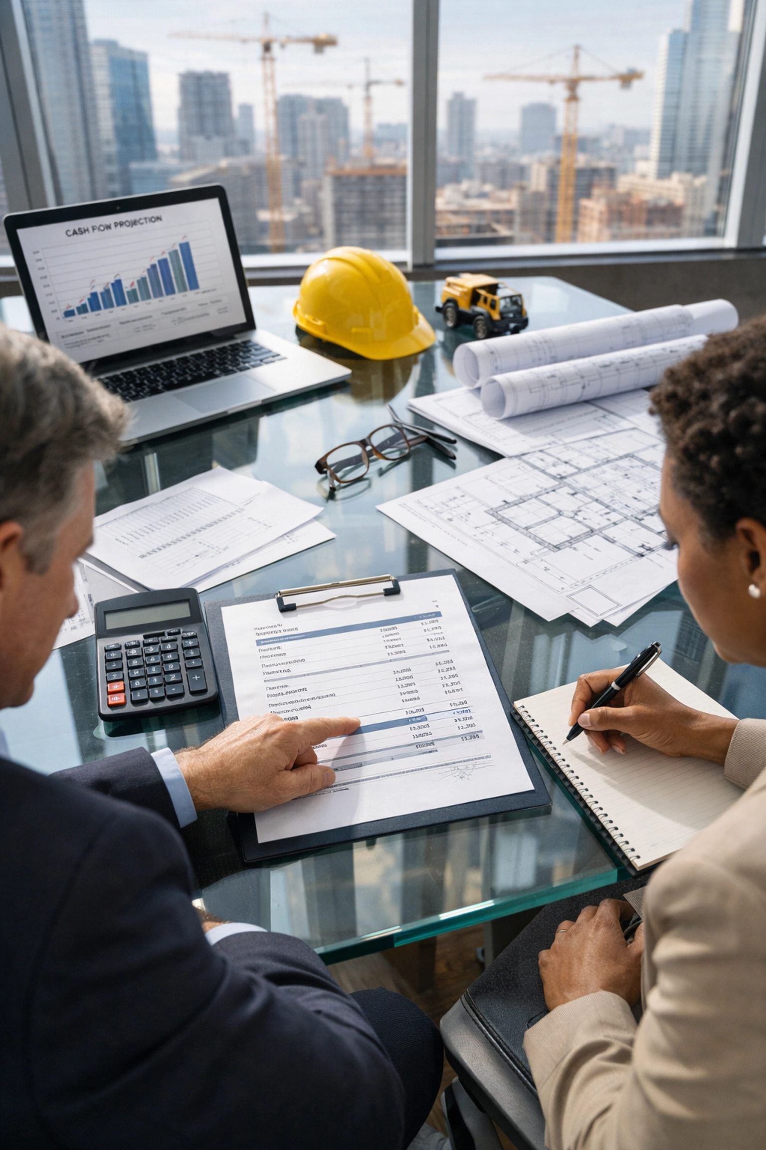Construction professionals analyzing strategic finance documents and cash flow projections in boardroom
