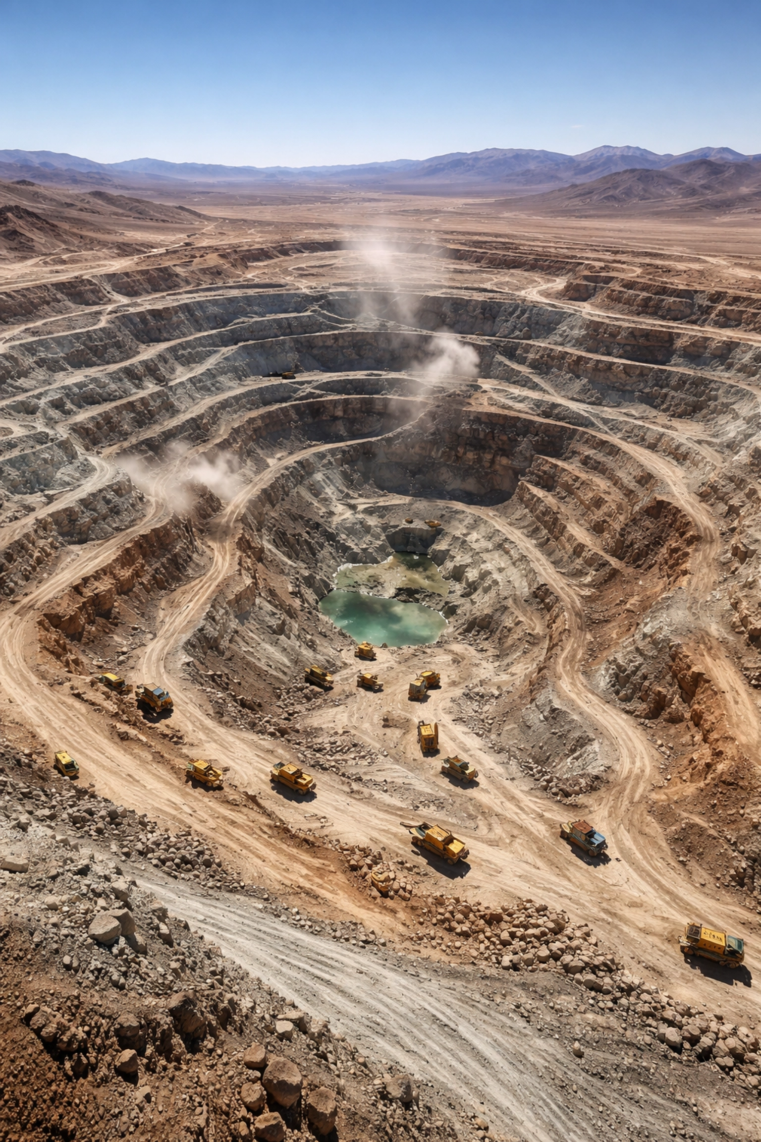 Aerial view of a huge lithium mine shows environmental impact of mining for renewable energy materials like lithium and cobalt.