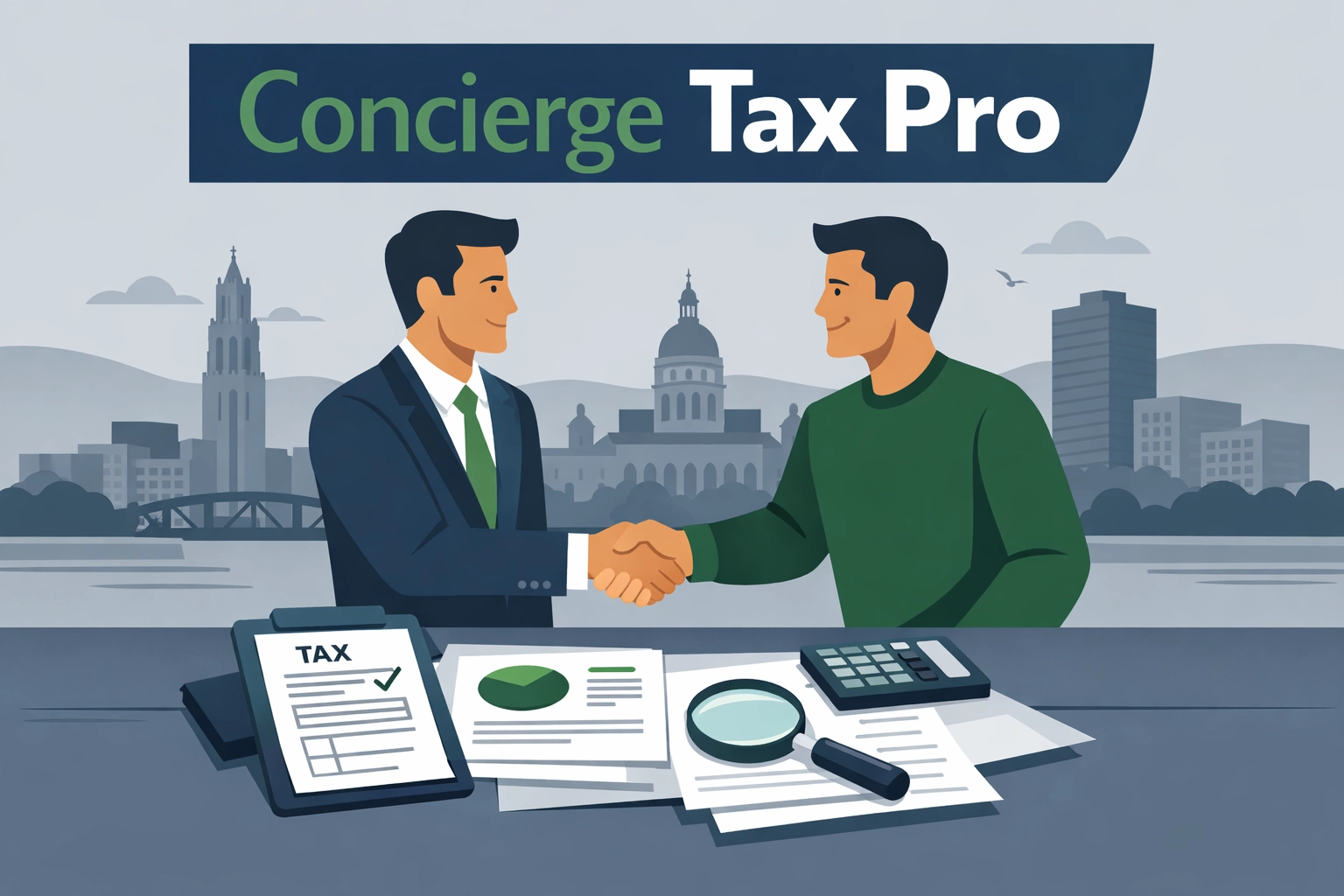 A concierge tax pro shaking hands with a client in New Haven, illustrating expert tax preparation partnership.