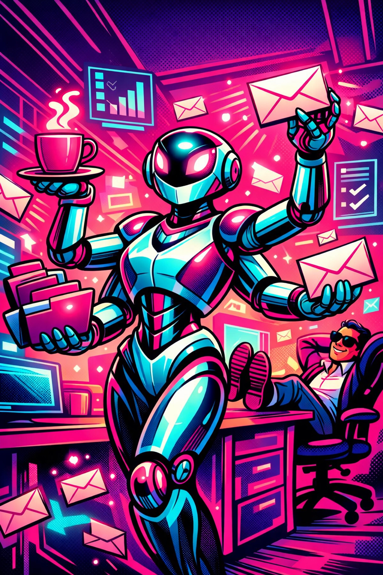 A multi-tasking AI virtual assistant for business organizing digital files and tasks for a small business owner.