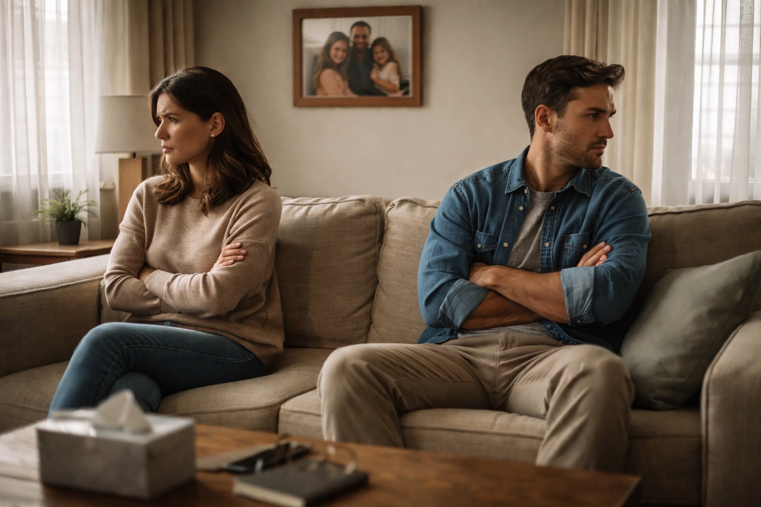 A married couple sits apart on a couch, embodying marital tension and demonic influence on relationships.