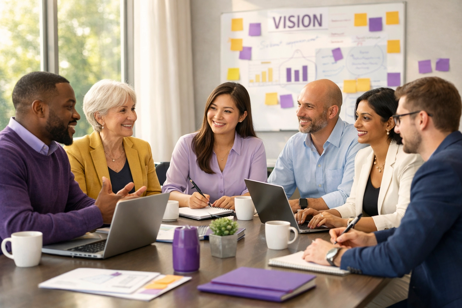 Diverse entrepreneurs and nonprofit leaders collaborating on strategic business planning at conference table