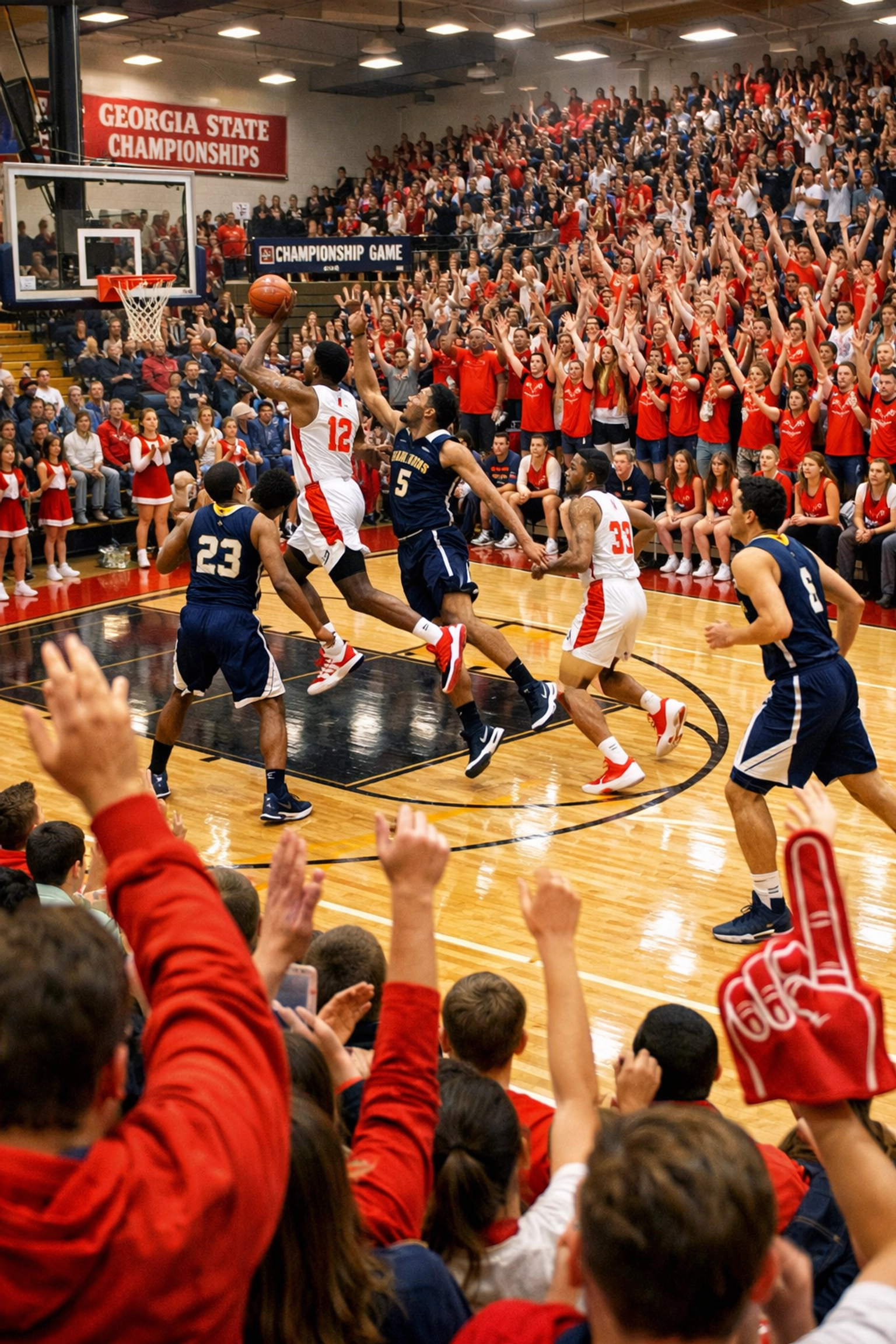 GHSA Basketball State Finals action in a packed Georgia high school gymnasium with cheering fans.