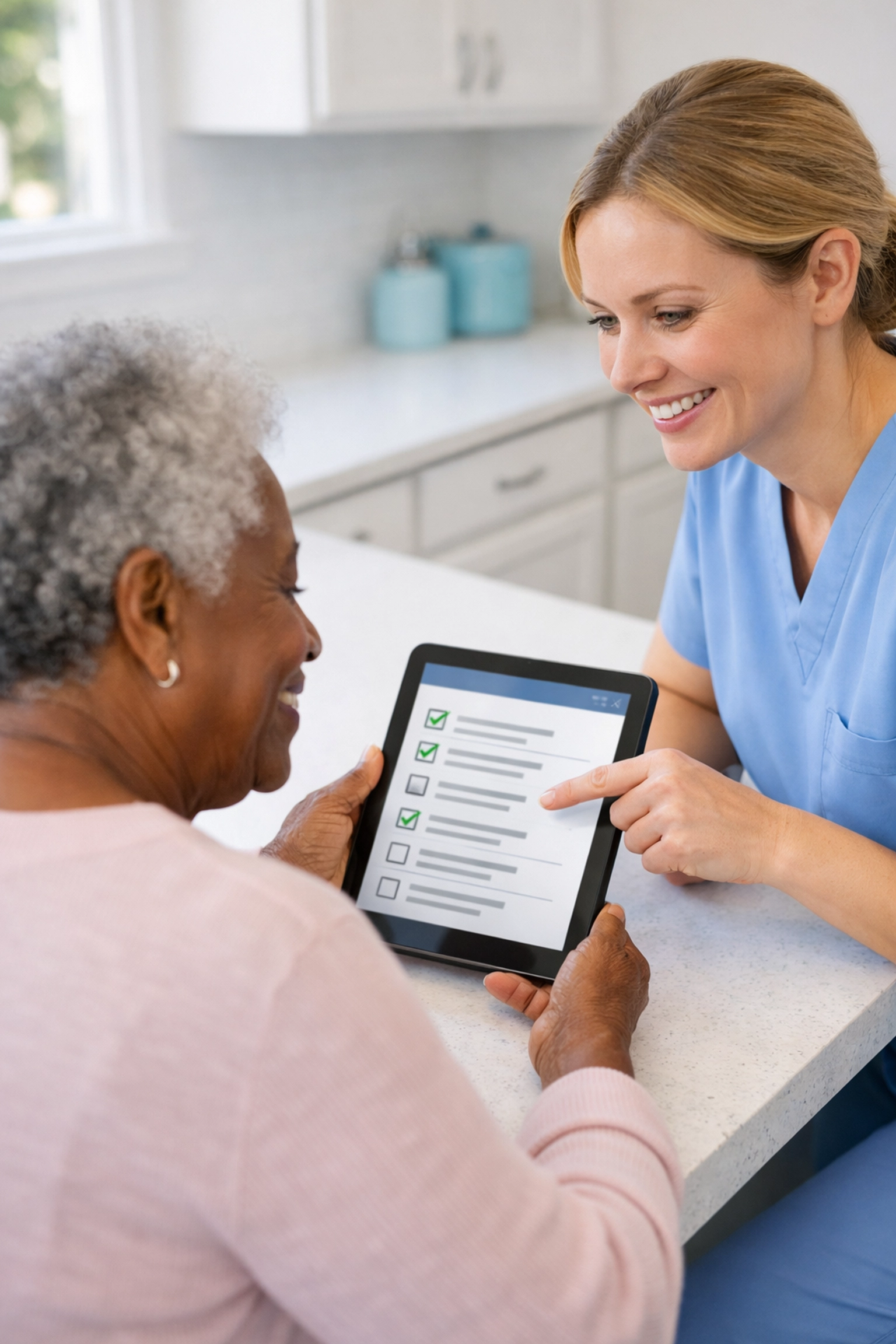 Senior and caregiver using a tablet to conduct a home safety assessment for aging in place safely.