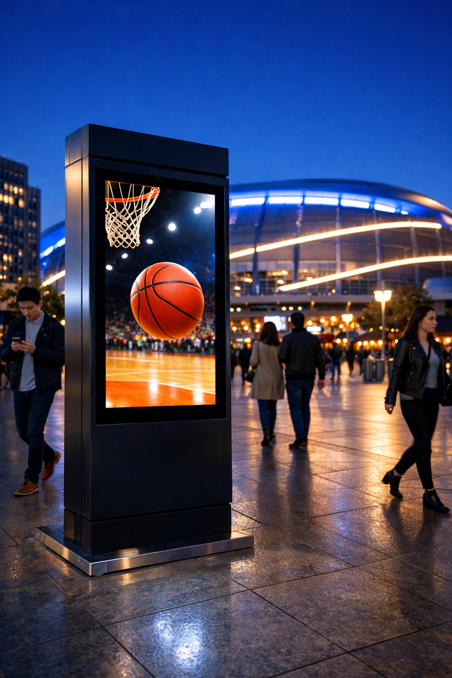 Digital advertising kiosk near a sports stadium showing targeted basketball ads to pedestrians in an urban plaza.
