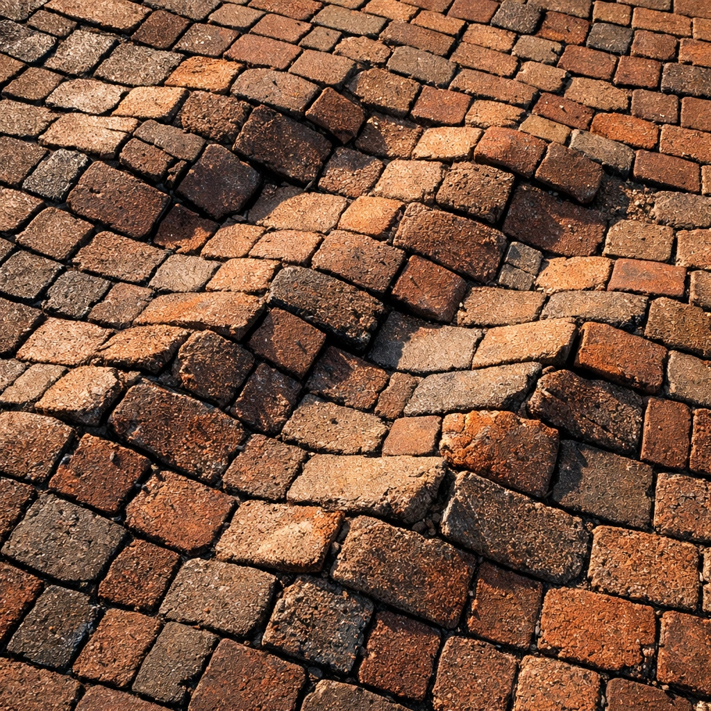 Uneven brick paver driveway showing frost heave damage and sunken sections