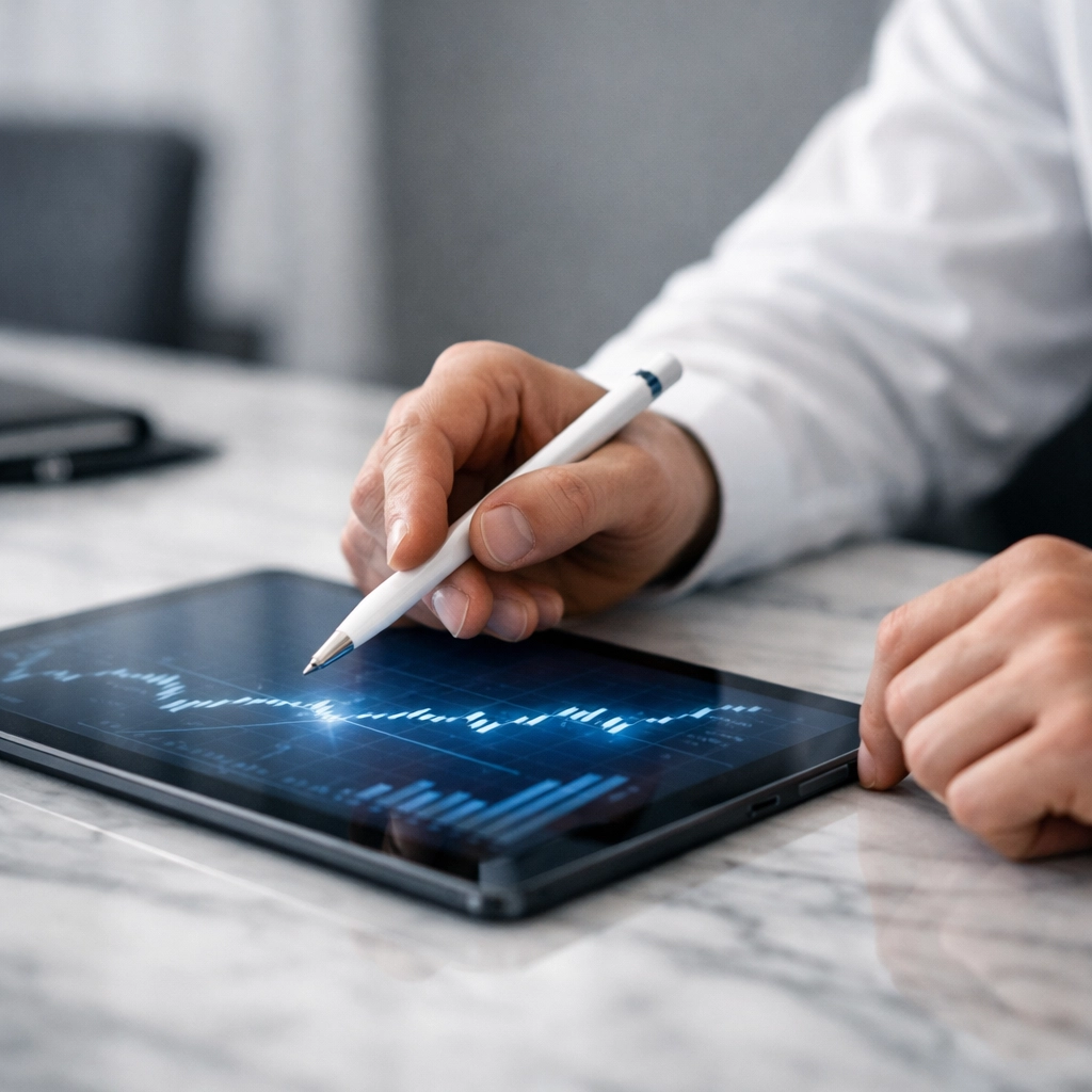 Professional analyzing financial charts on a tablet for a startup surviving VC diligence.