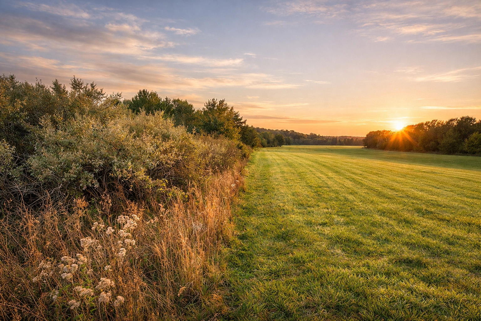 Professional brush removal and brush hogging results on a large Clarkston acreage meadow.