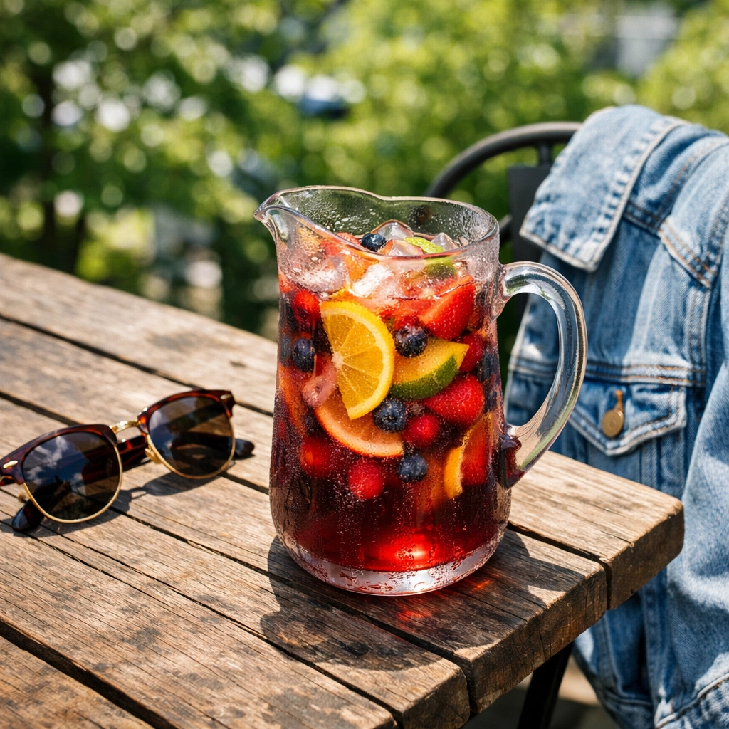 A fresh pitcher of fruit sangria and sunglasses on a sunny Montreal terrace table during summer.