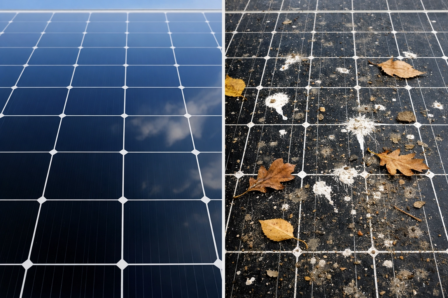Clean vs dirty solar panel comparison showing debris buildup