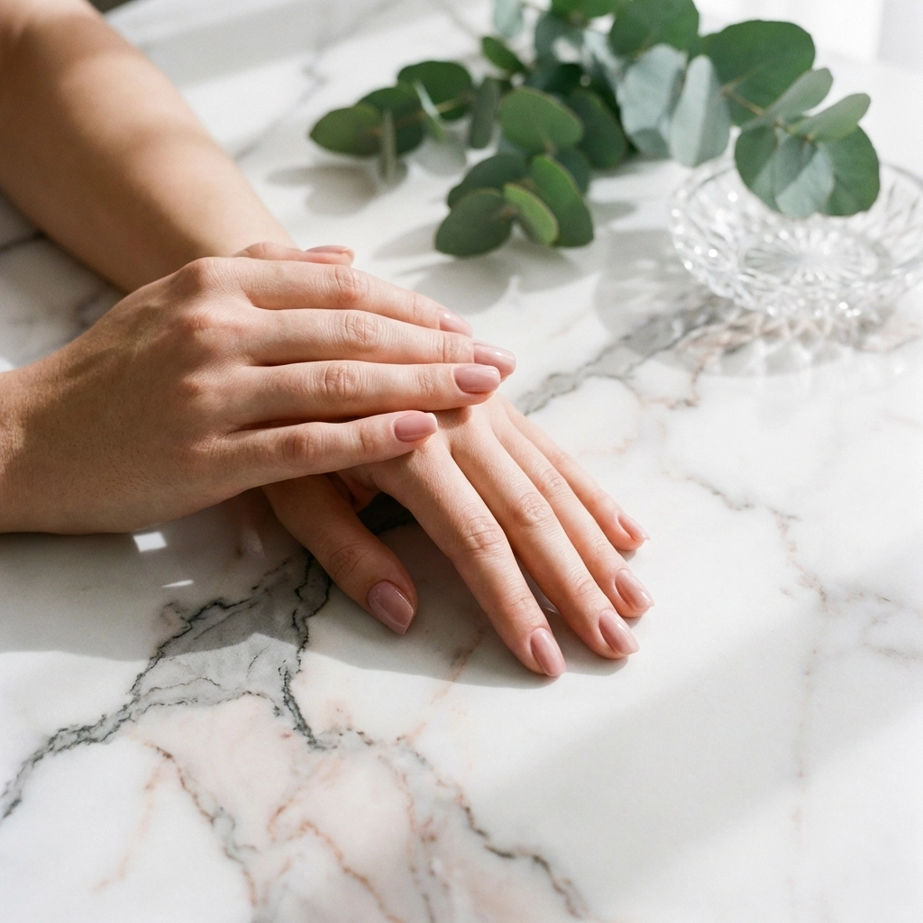 Hands with flawless Russian manicure and nude-pink gel polish on a marble surface at a Norwood salon.