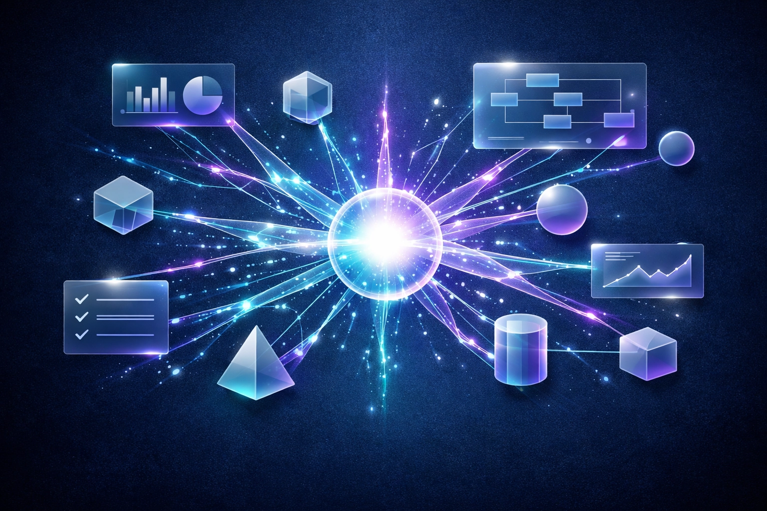 Abstract digital mindmap representing an AI-integrated business strategy and automated marketing network.