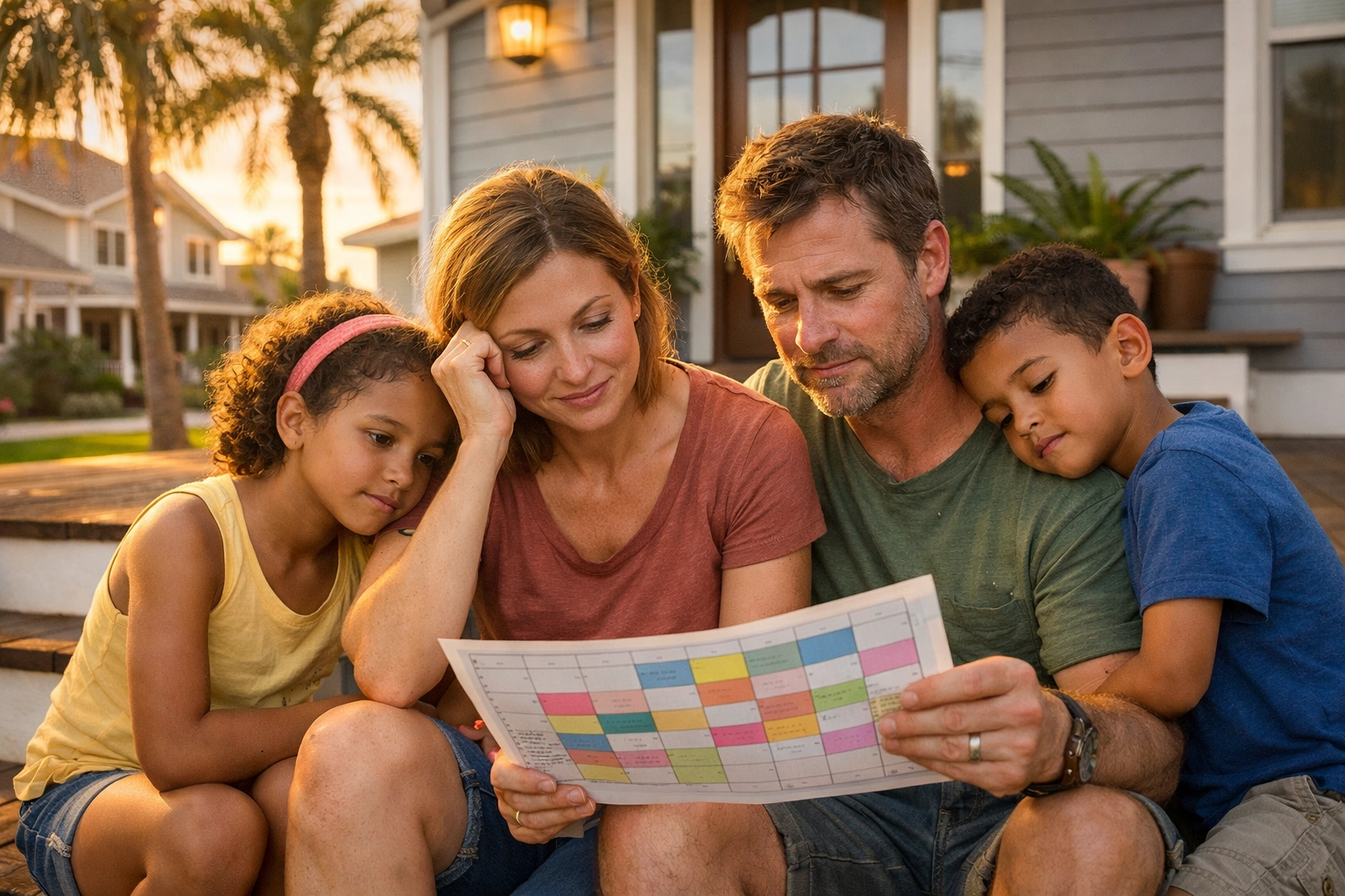 Parents reviewing busy family calendar on Nocatee porch, showing exhaustion from high-pressure parenting