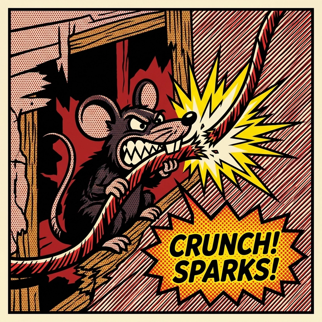 Mouse chewing electrical wiring causing sparks and fire hazard in home wall