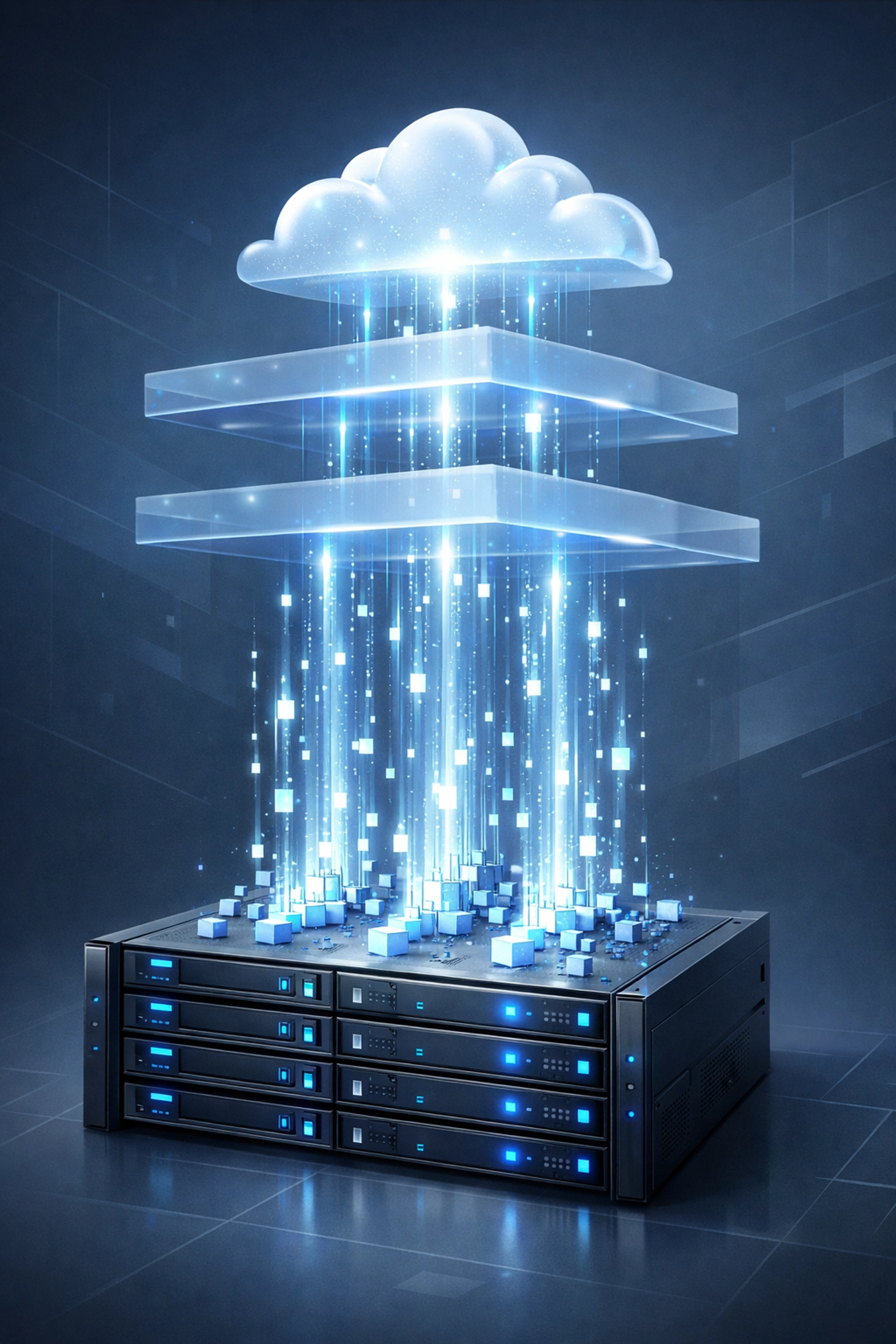 Data blocks transitioning from a physical server rack to a secure cloud architecture.