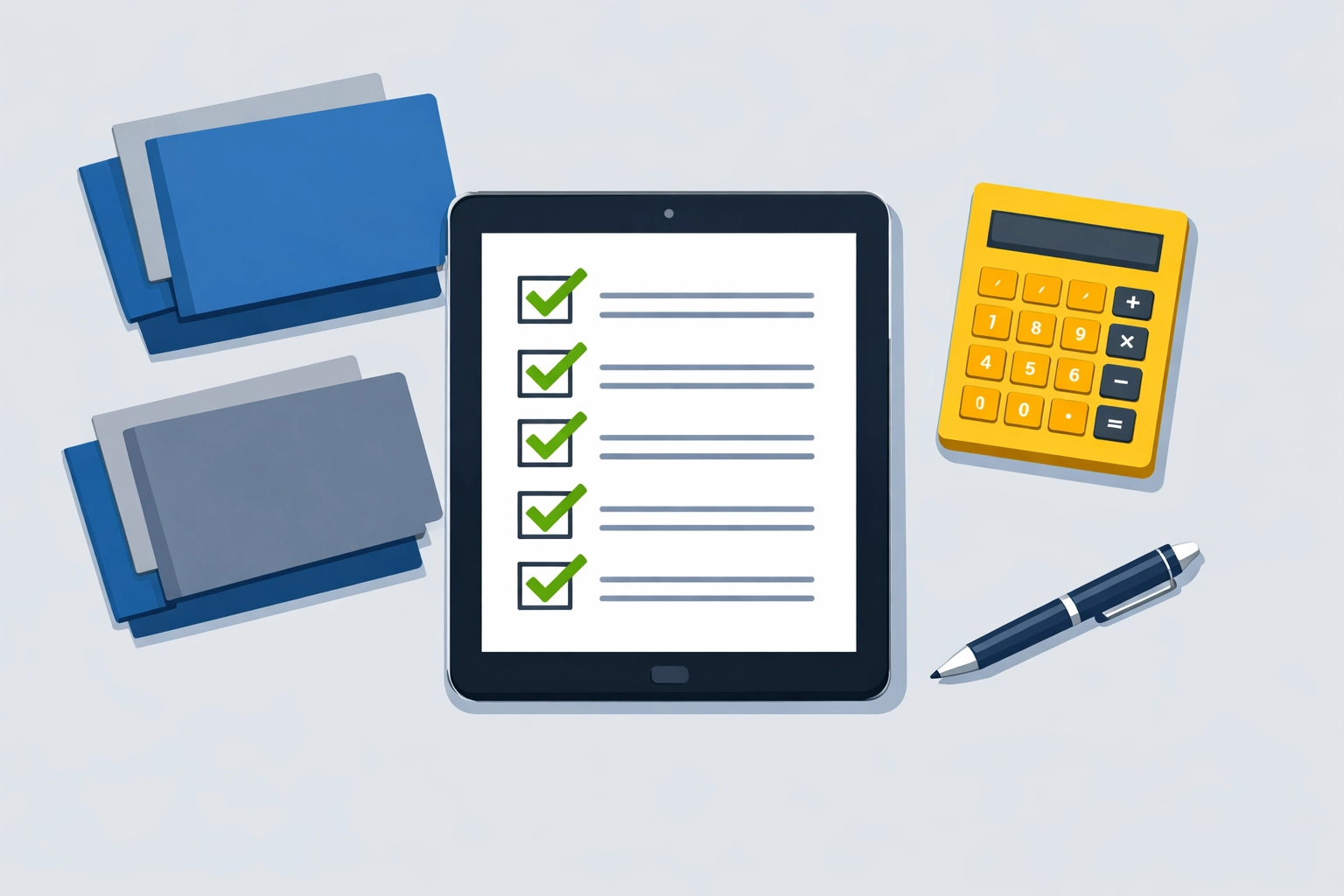 Organized tax preparation records and a digital checklist for small business deductions.