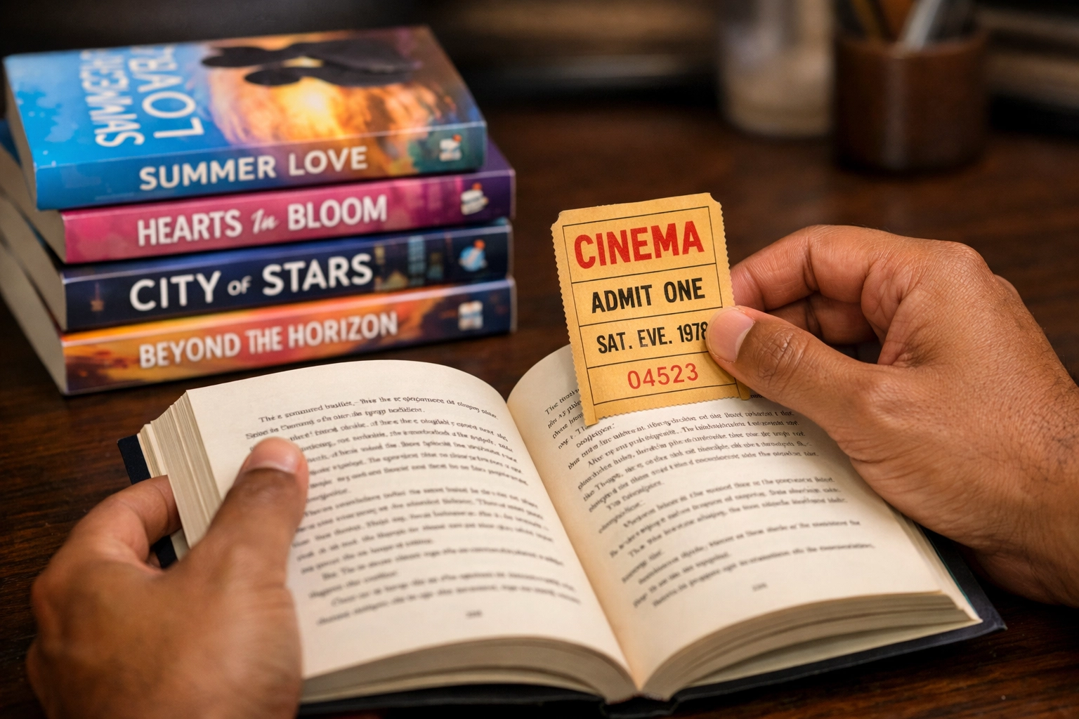 South Asian hands holding an MM romance book with a vintage Karachi cinema ticket bookmark.