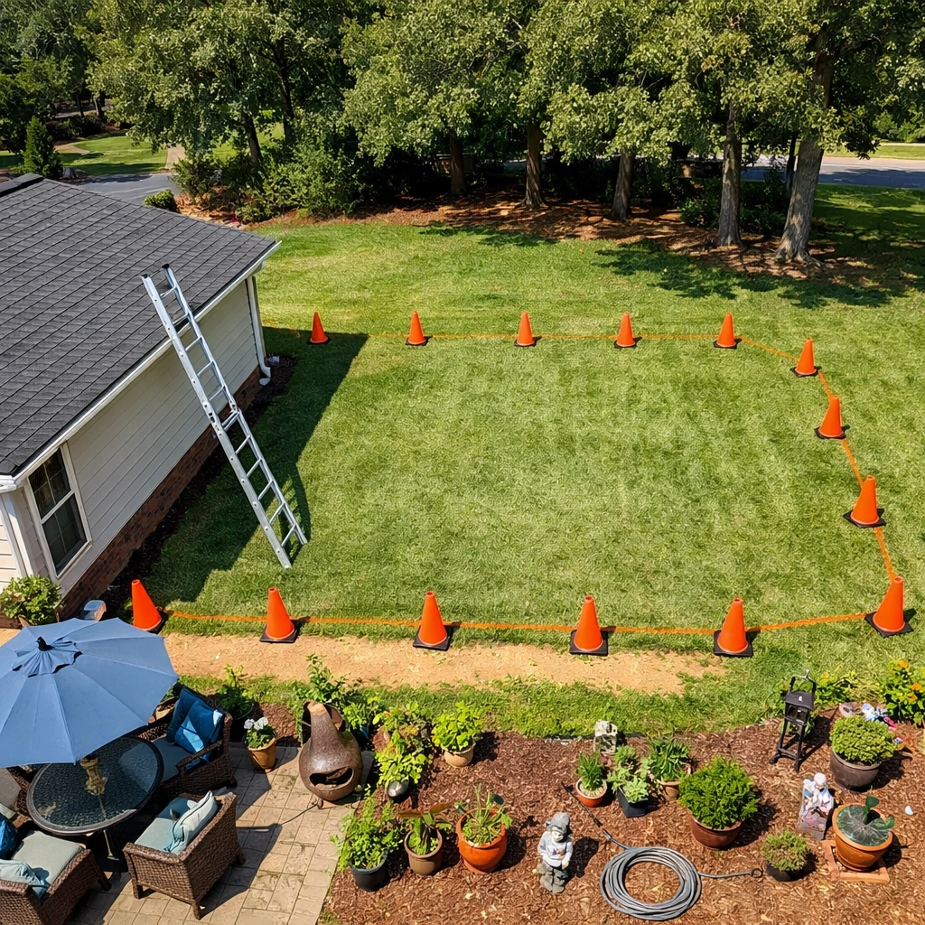 Cleared yard prepared for roof installation with furniture moved away from Charlotte home