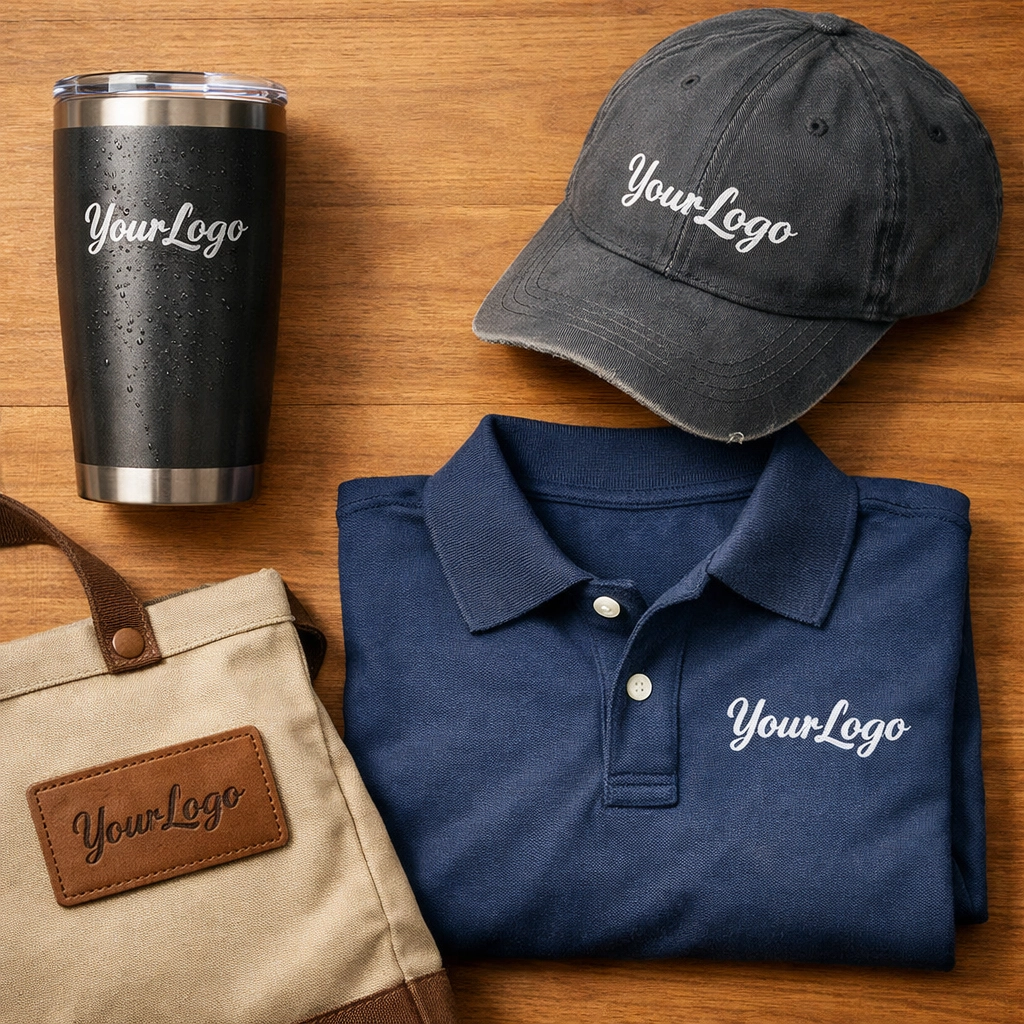 Quality promotional products in daily use including custom embroidered cap, laser-etched tumbler, and polo