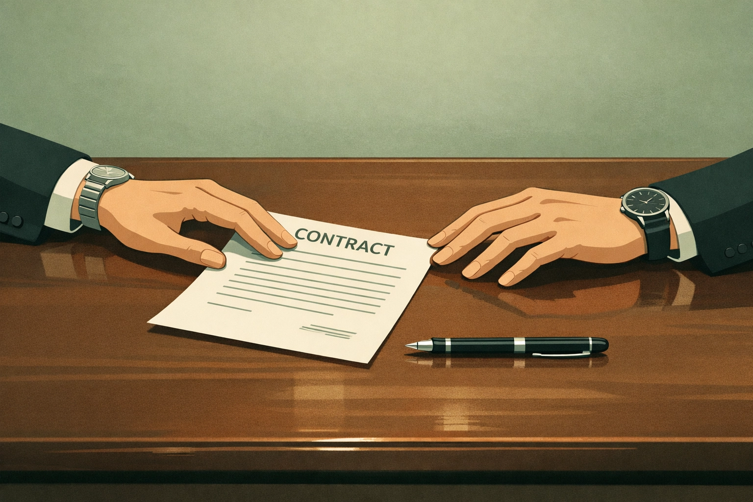 Business deal between two men across conference table - MM romance merger negotiation