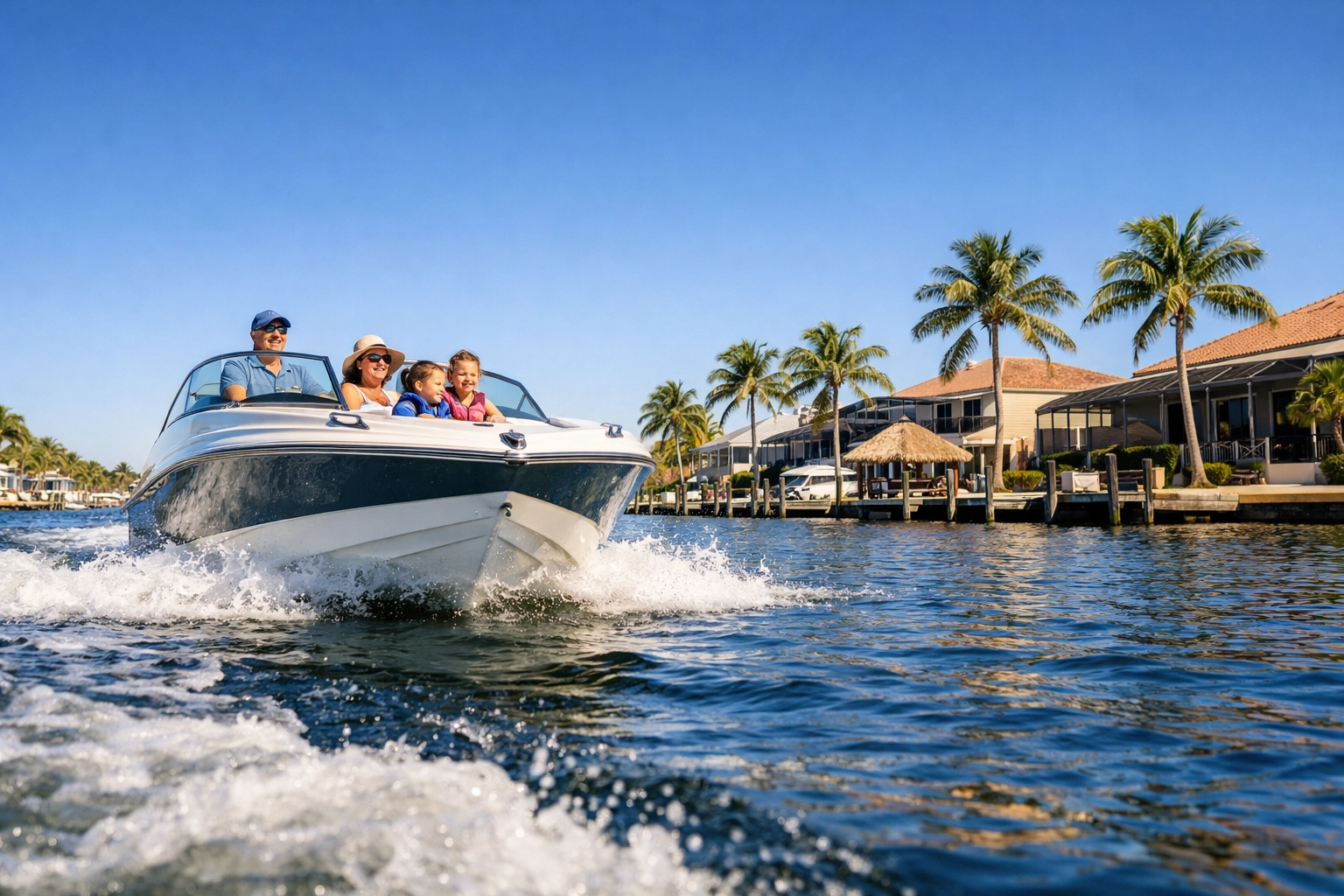 Boating through Cape Coral canals past waterfront homes with private docks in Southwest Florida.