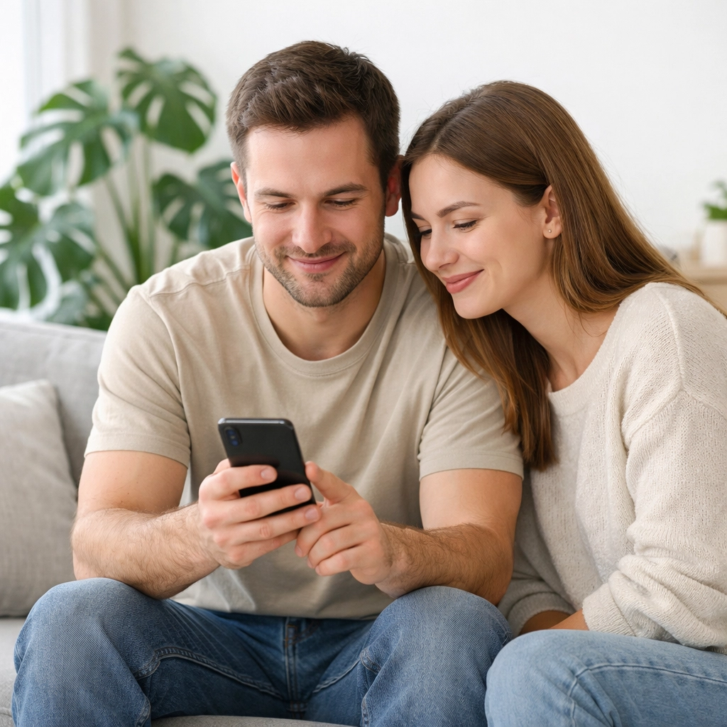 A couple researching bad credit installment loans in Canada on a mobile phone in their living room.