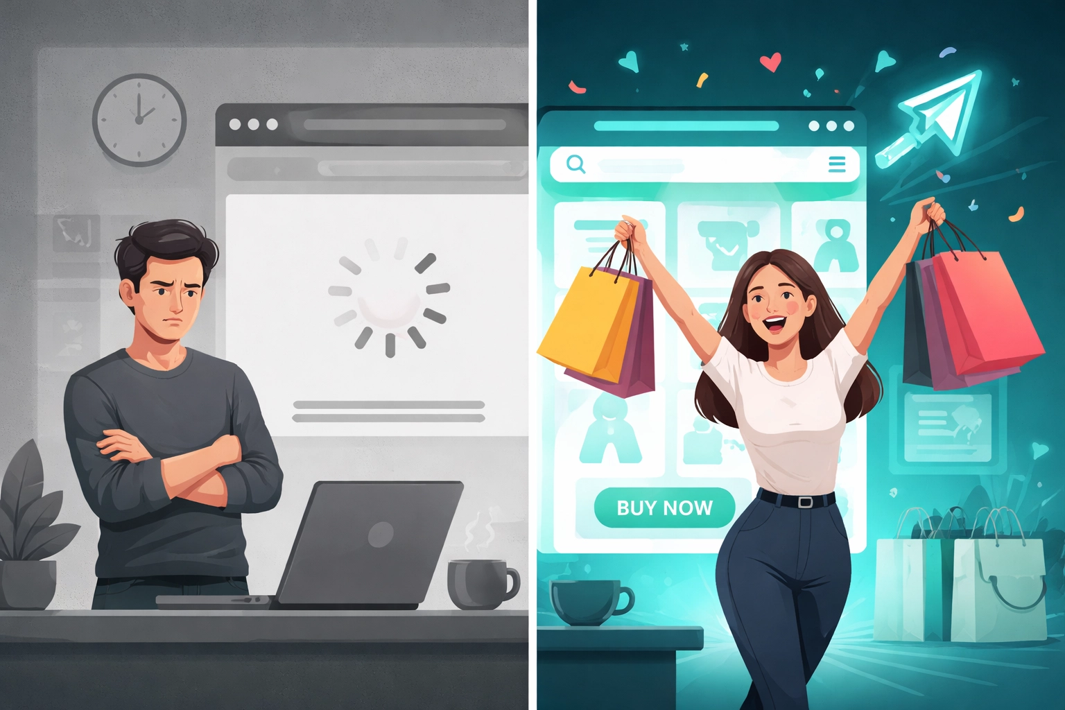 Side-by-side comparison of frustrated and happy e-commerce shoppers, highlighting website speed impact on conversions