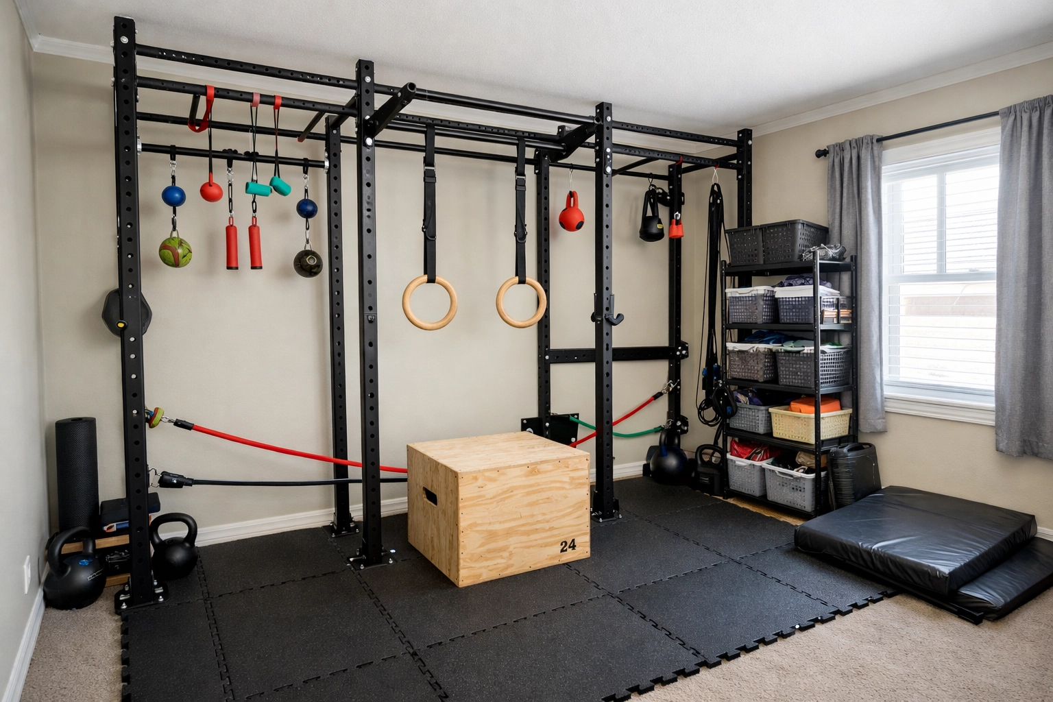 Complete no wall damage home ninja warrior training setup with floor-to-ceiling rail and equipment