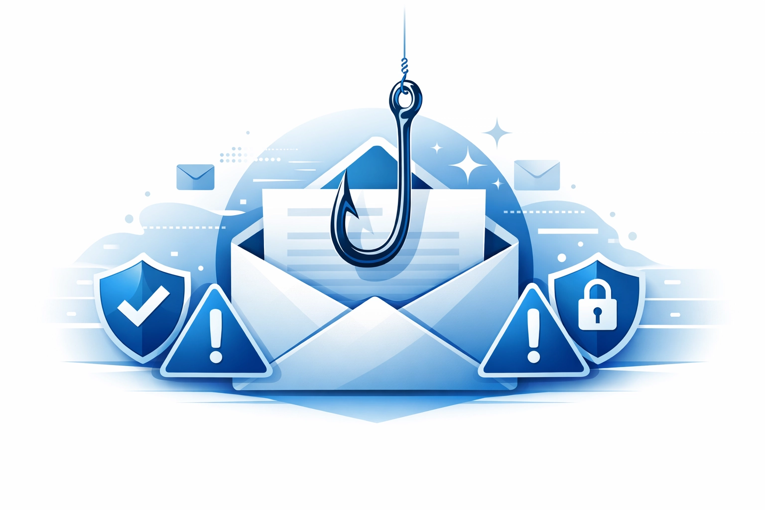 Phishing email scam illustration with fishing hook and security warnings