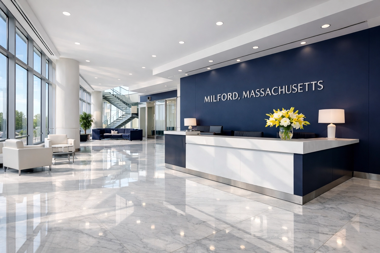 A sparkling, modern office lobby in Massachusetts showing the results of professional commercial cleaning Milford.