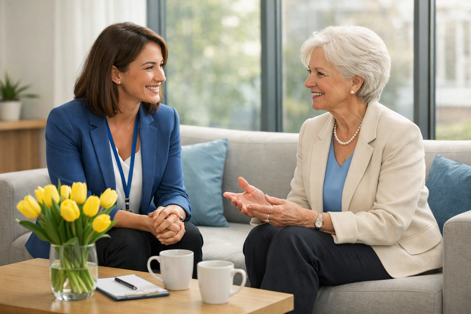 A fundraising officer building a personal relationship with a legacy donor during a stewardship meeting.