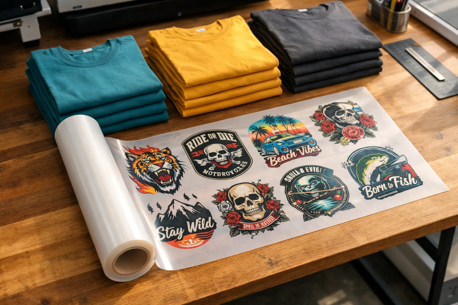 Organized studio workbench with colorful t-shirts and rolls of DTF transfer film for small businesses.