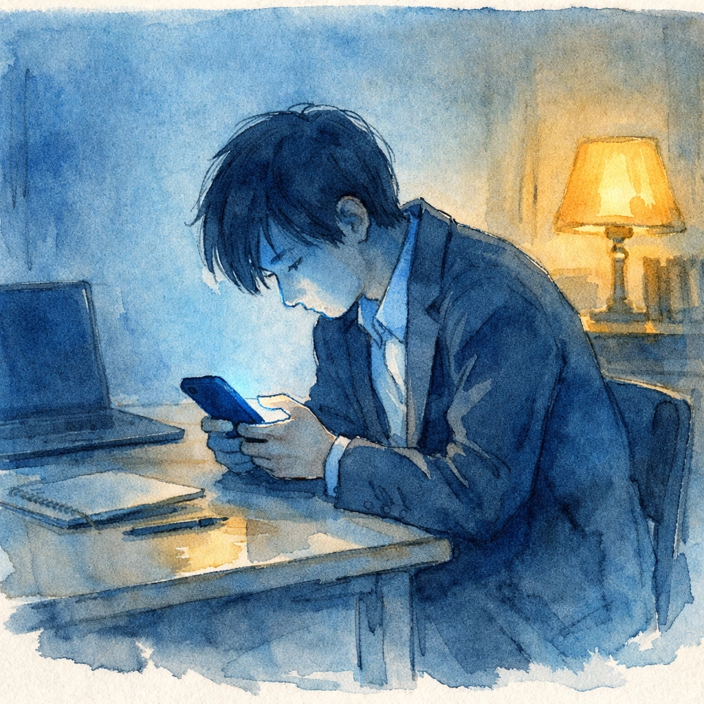 Young professional alone at night using smartphone for AI therapy app showing digital loneliness