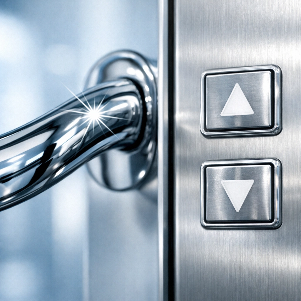 Sanitized chrome door handle and elevator buttons highlighting professional commercial cleaning details.