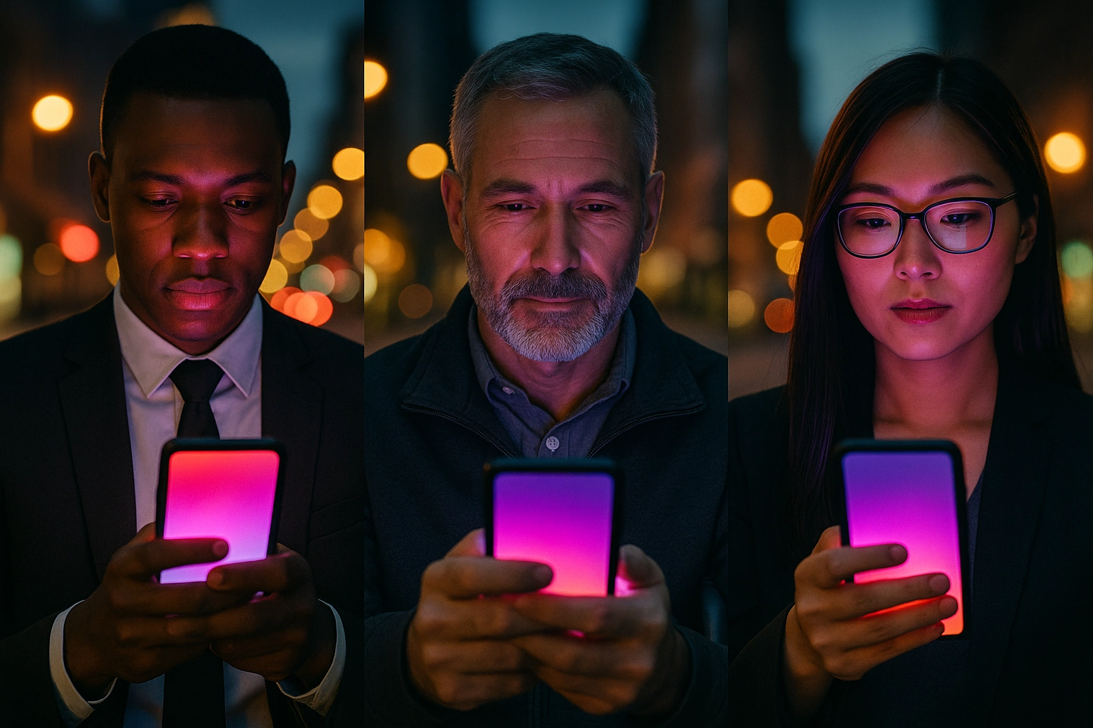 Three diverse professionals using smartphones at night, illustrating personalized local SEO search results