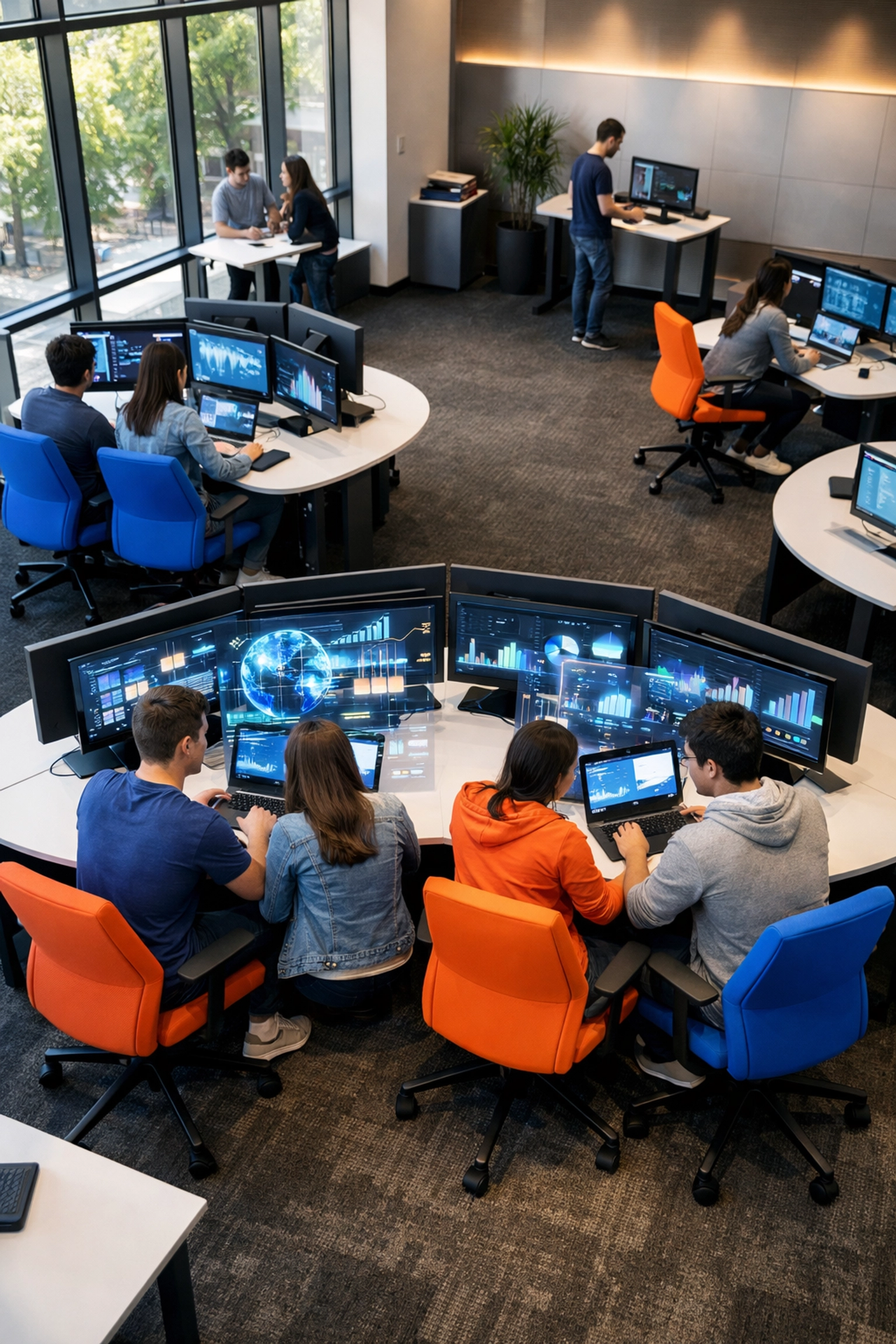 Modern learning pod with students collaborating at curved desks with multiple monitors
