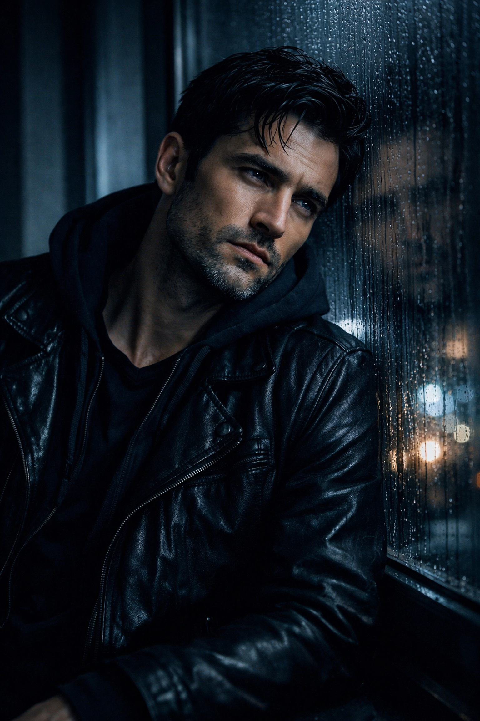 A brooding man in a leather jacket by a rainy window, representing the grumpy archetype in MM romance books.
