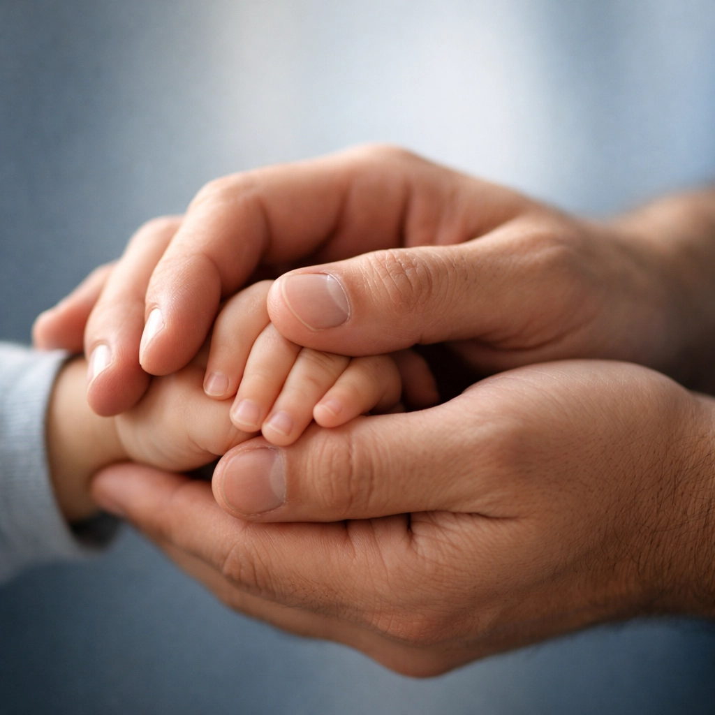 Father holding child's hand symbolizing protected visitation rights and parental bond