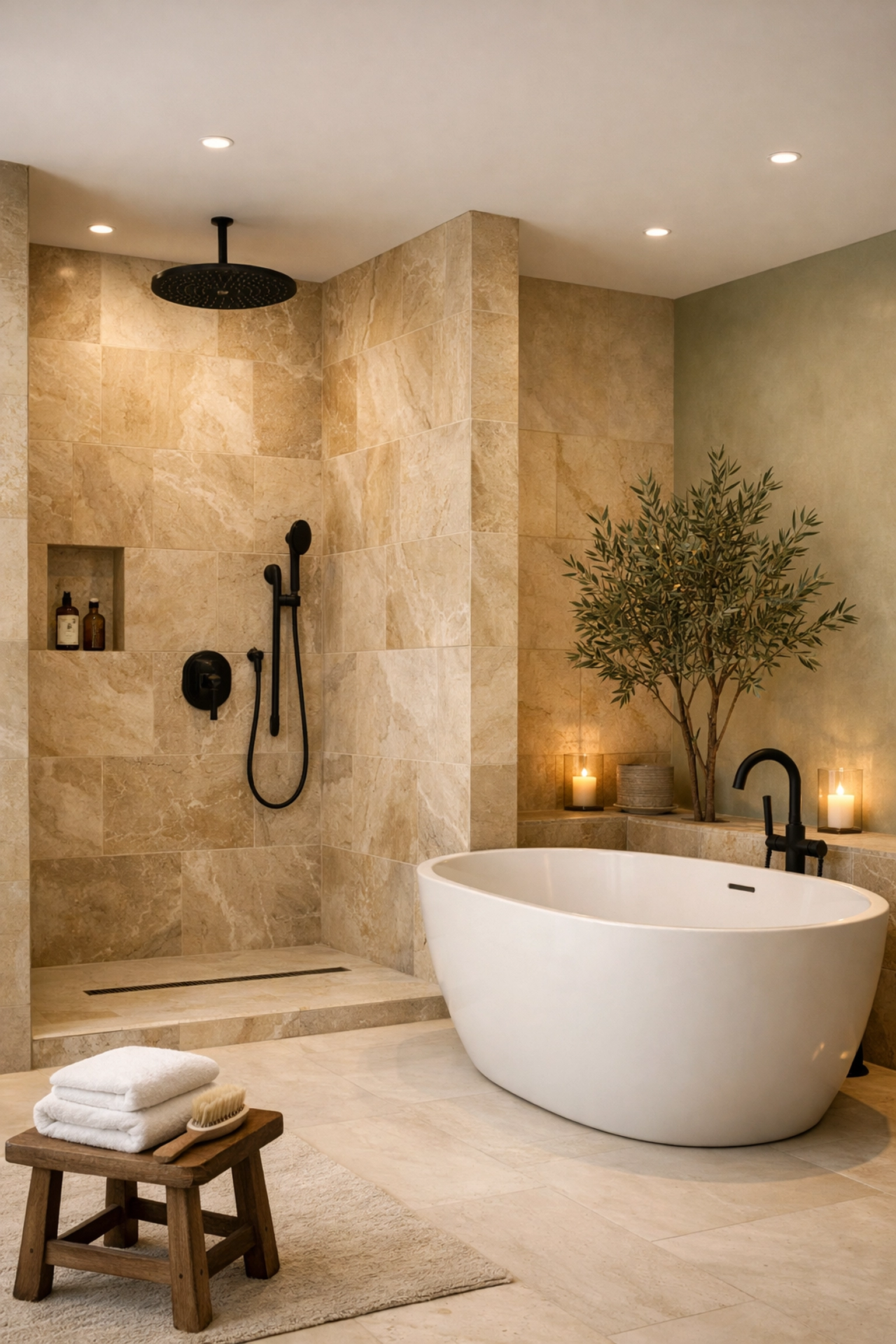 Spa-like bathroom renovation Orlando with a walk-in stone shower and a freestanding soaking tub.