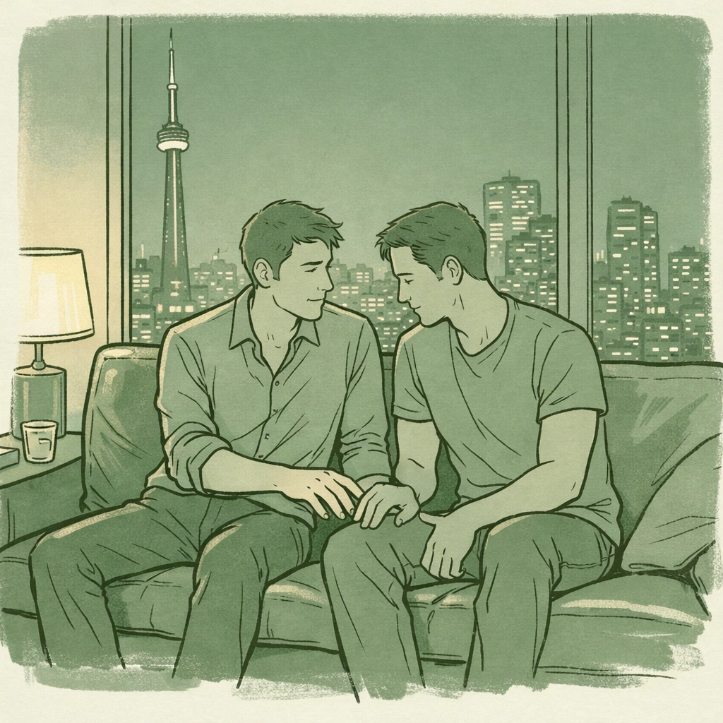 Two men sharing intimate moment in luxury Toronto high-rise apartment, contemporary gay romance scene