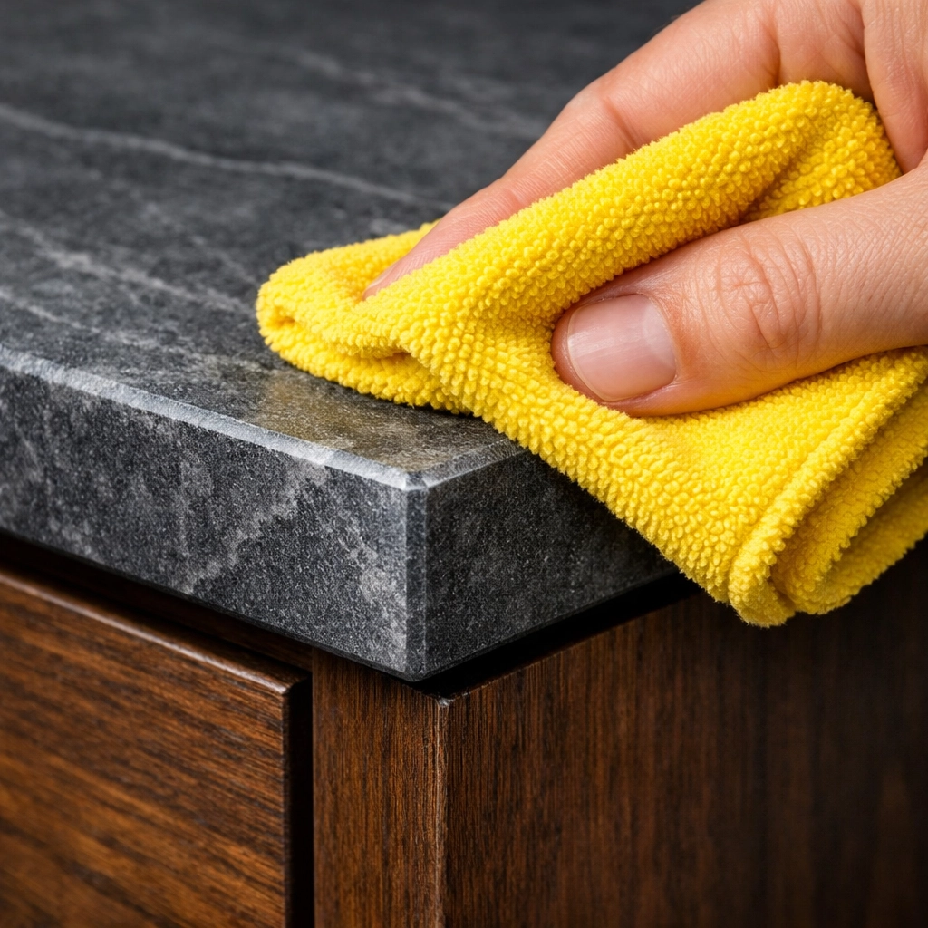 Professional residential cleaning Massachusetts detail work on a luxury soapstone kitchen countertop.