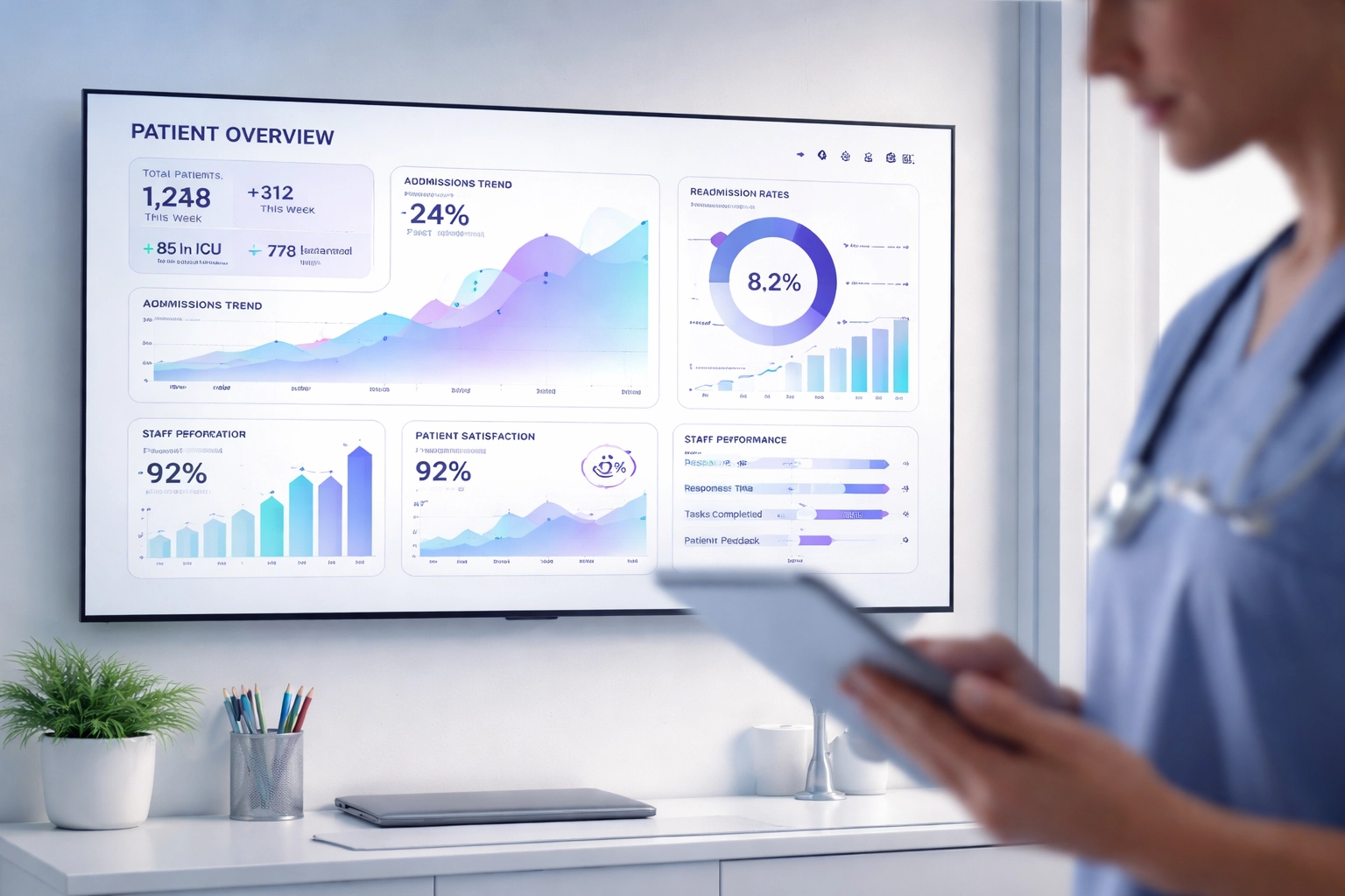 Healthcare professional analyzing a data dashboard with performance metrics for QAPI improvements