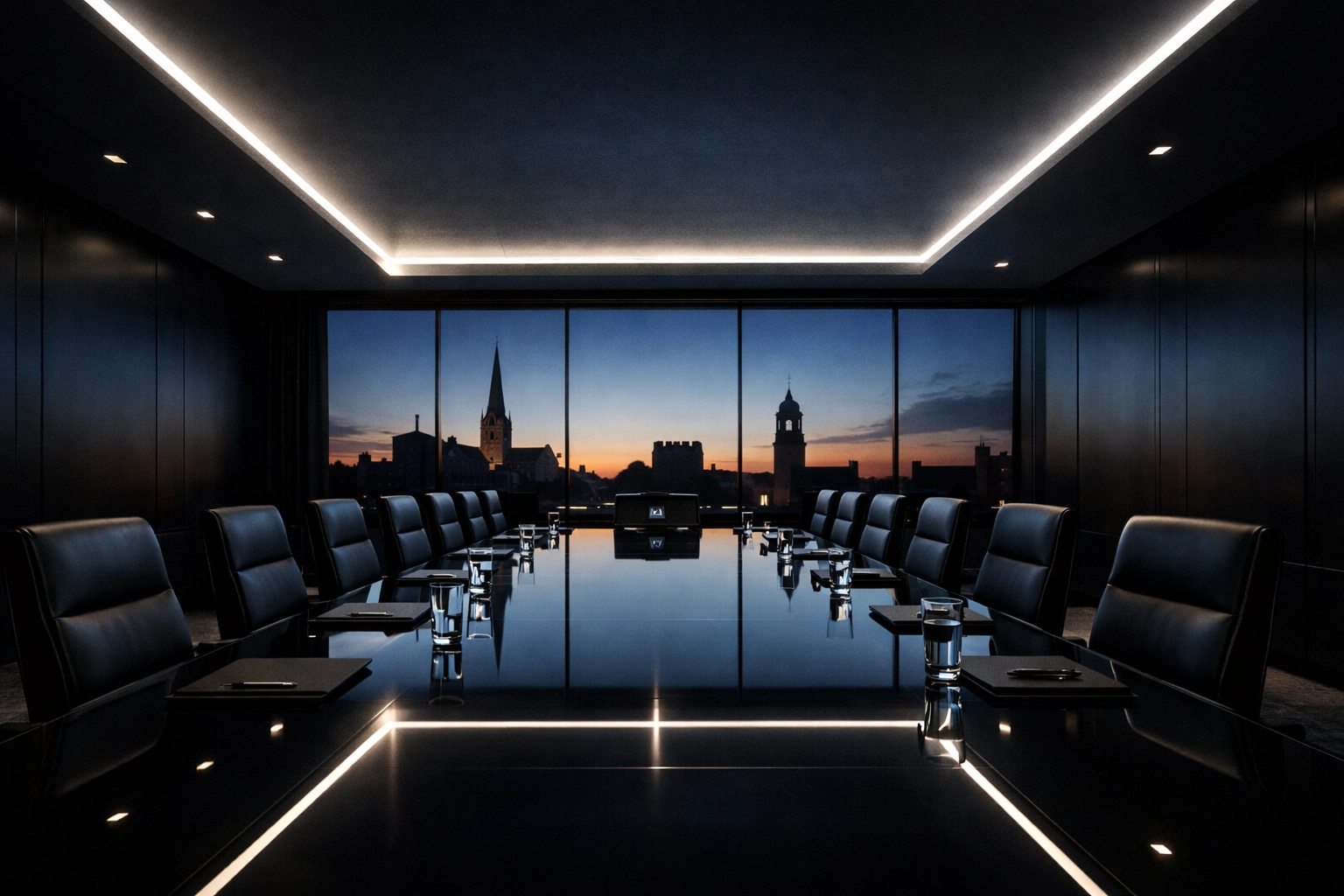 Sleek modern boardroom design with a black glass table overlooking a regional Sussex and Surrey skyline.