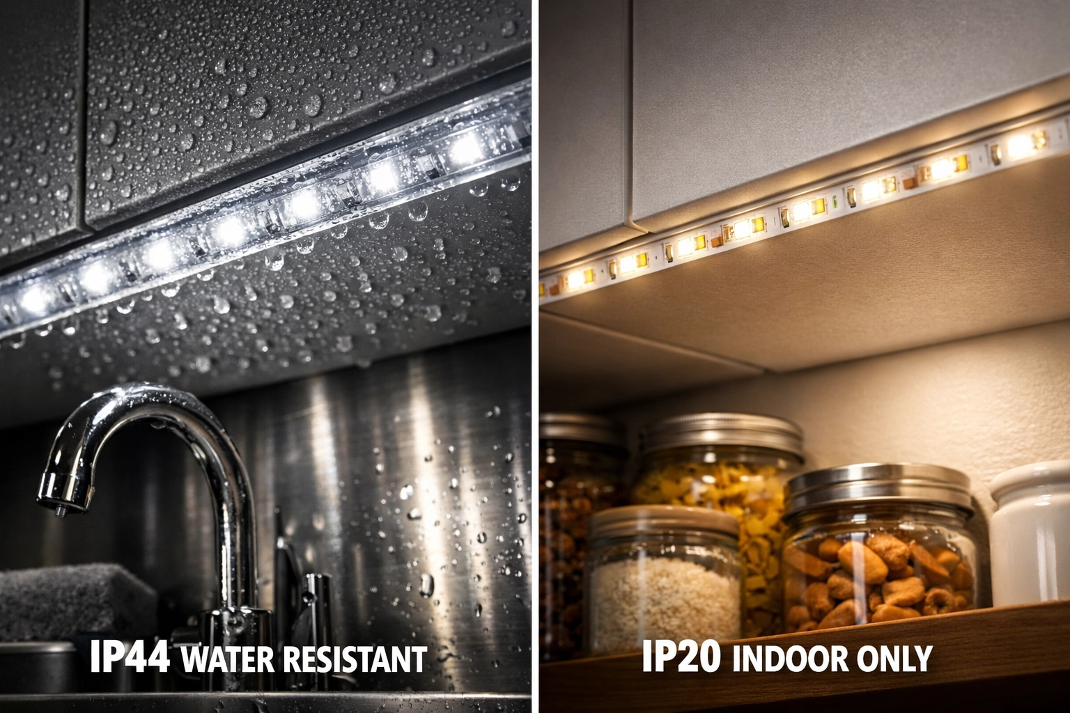 Comparaison bandes LED IP44 et IP20 pour zones humides et sèches de cuisine