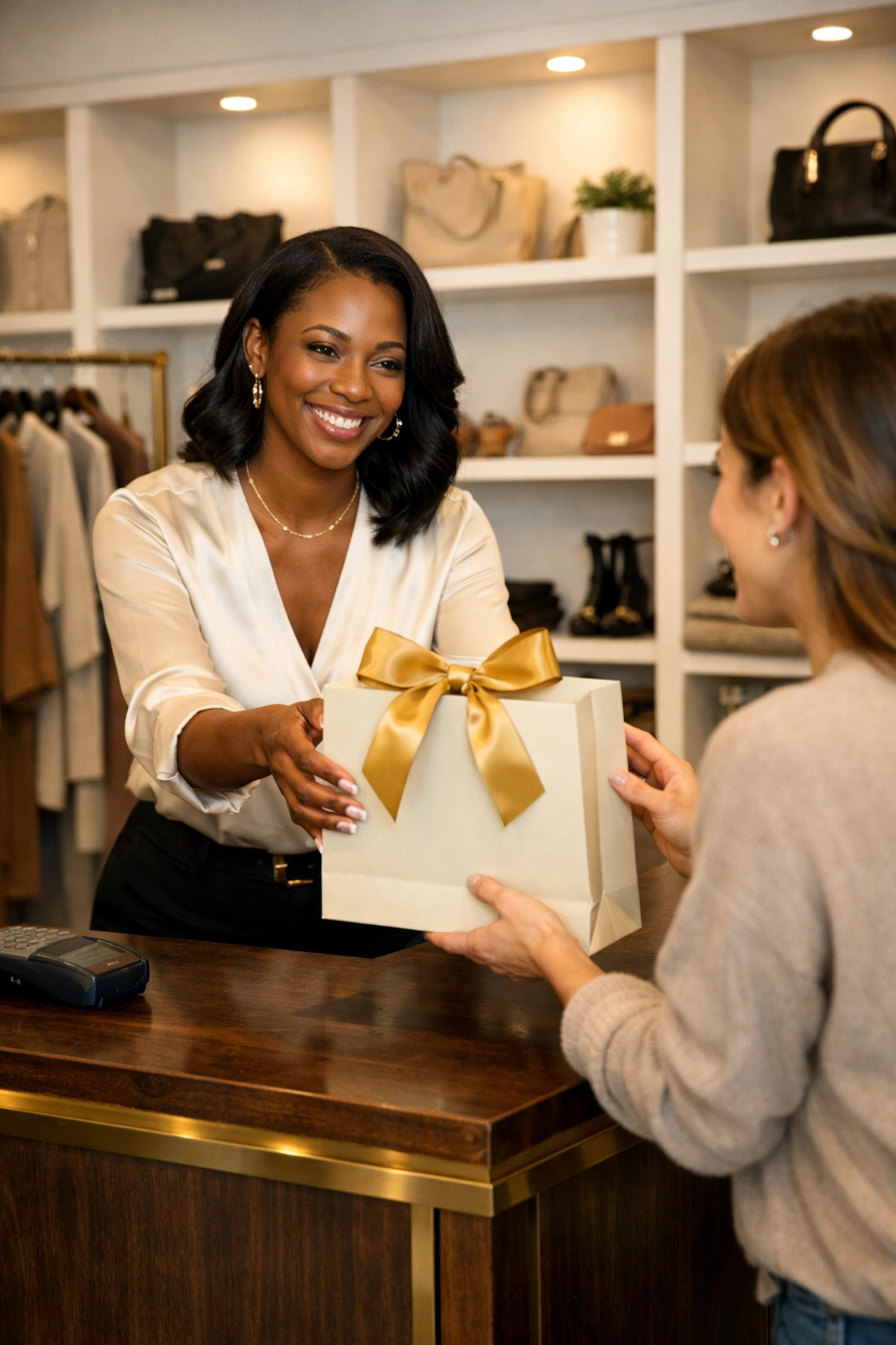 Black female entrepreneur serving a customer in a luxury boutique to build community wealth.