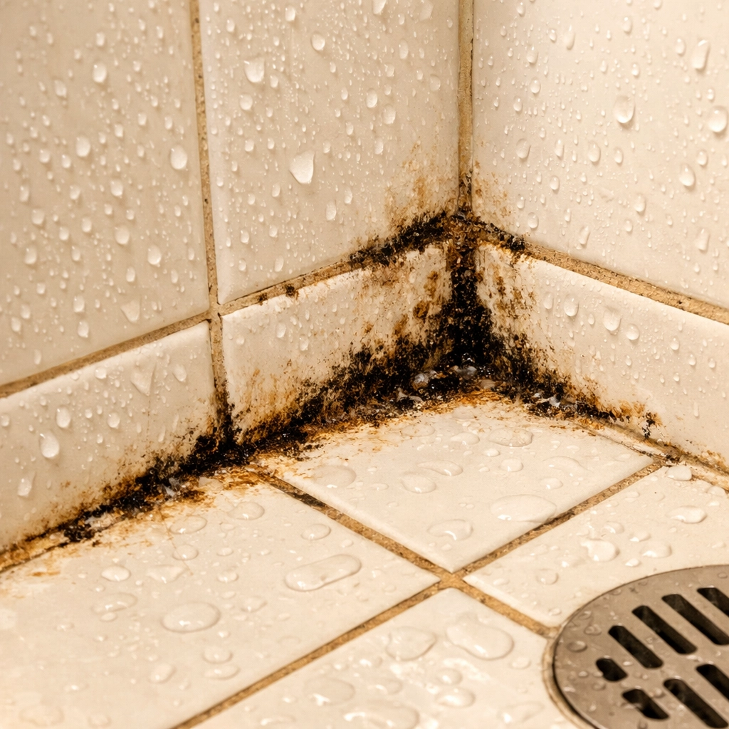 Mold and mildew growth on bathroom shower floor tile grout creating slip hazard