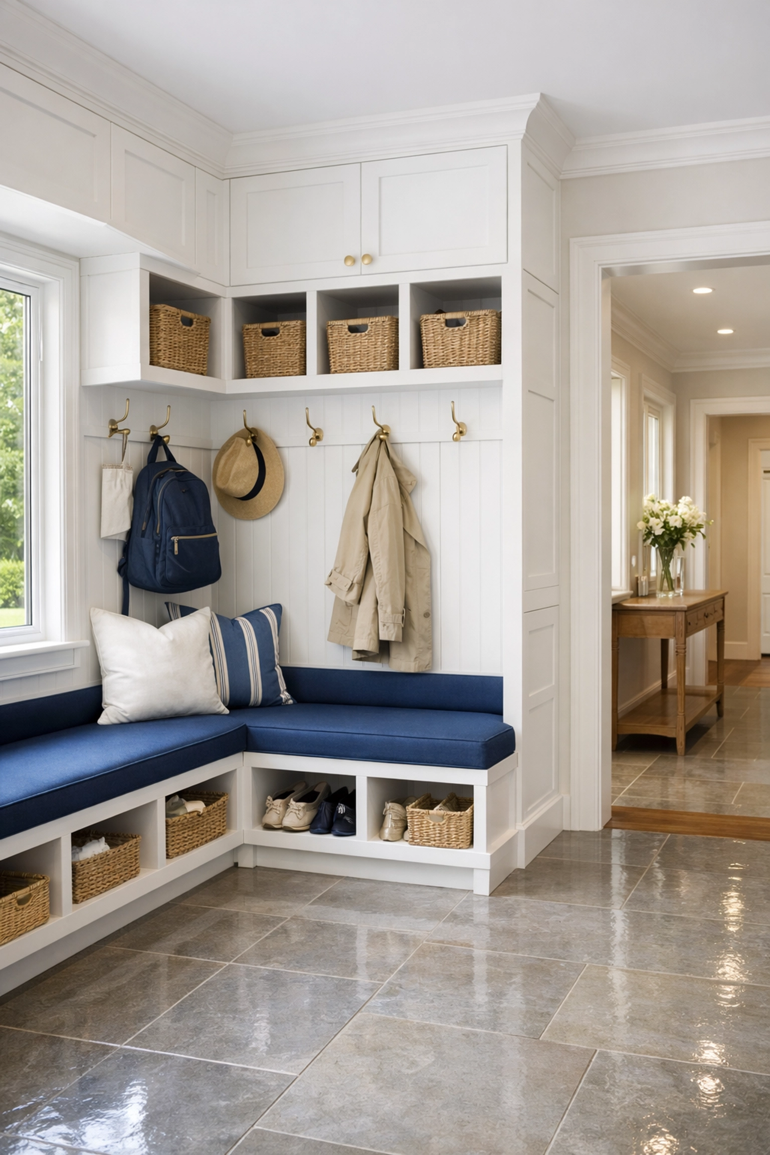 Clean and organized luxury mudroom entryway after a professional house cleaning Westborough service.