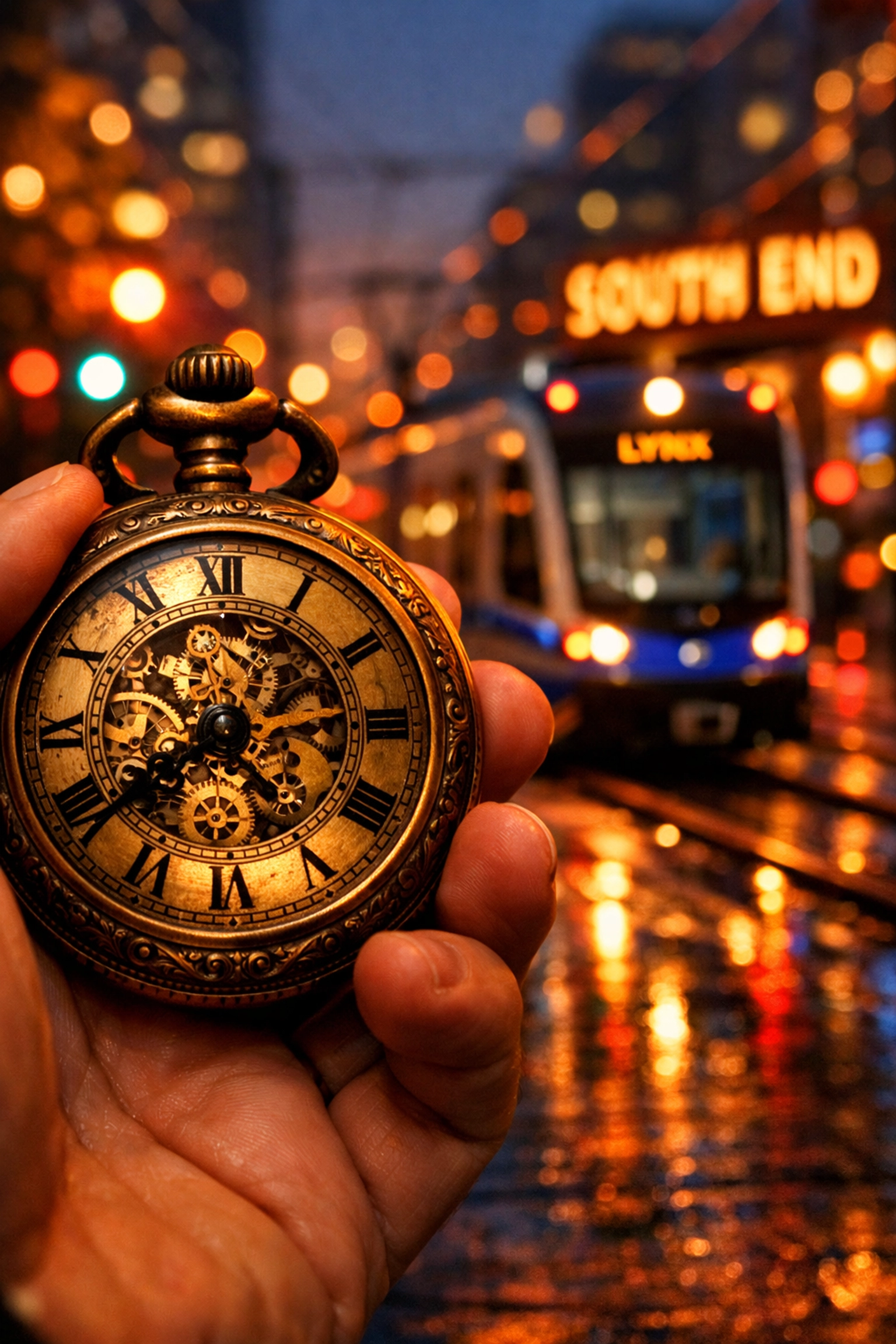 Vintage pocket watch held in front of a Charlotte light rail train, representing the history of local timekeeping.