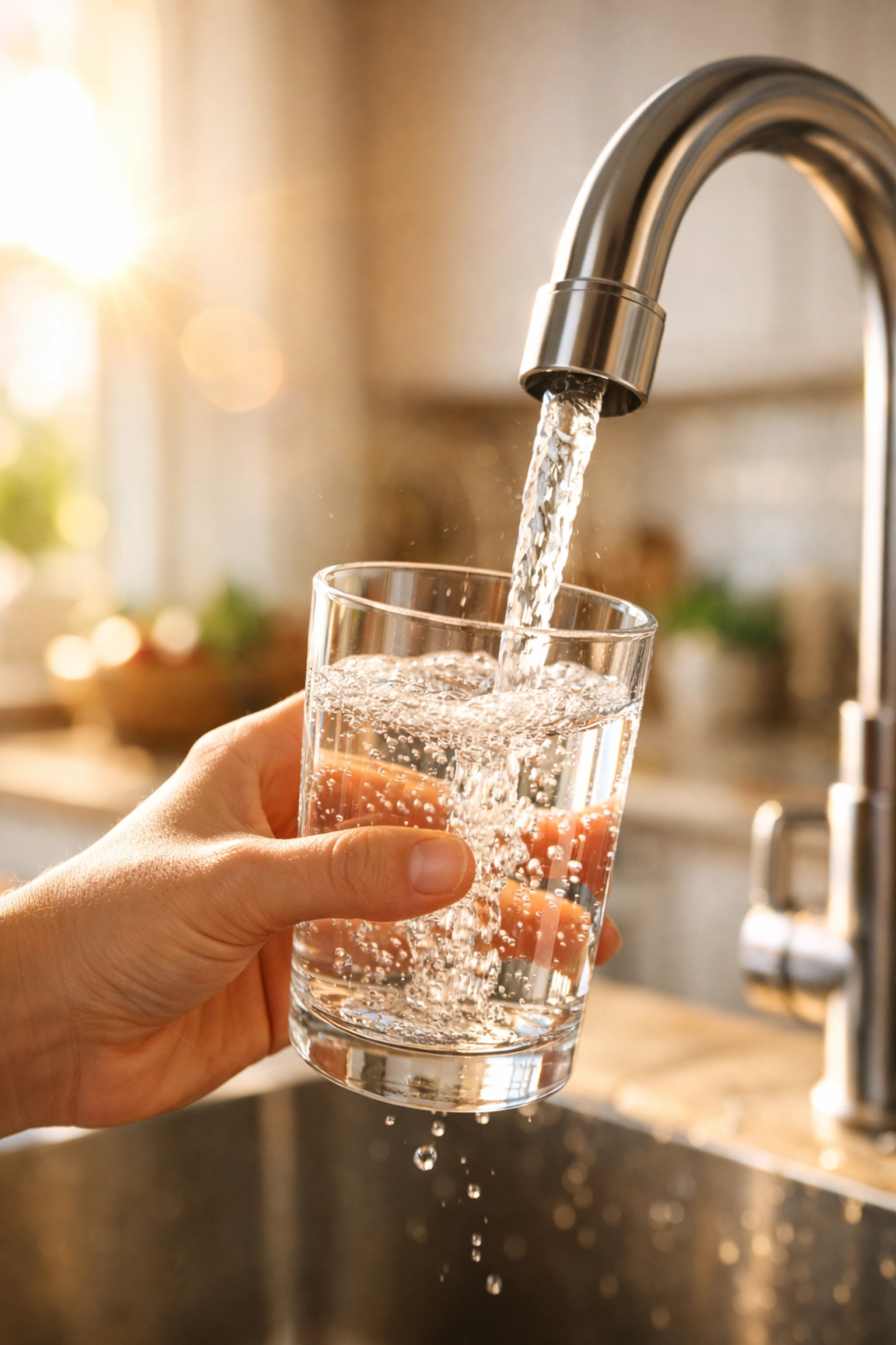 A clear glass being filled with pure, filtered drinking water from a modern kitchen faucet in a bright home.
