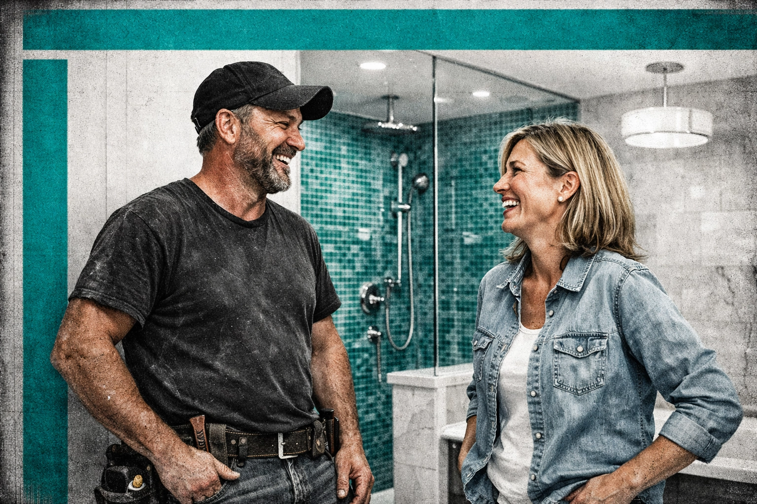 Renovation contractor and happy client in a newly finished luxury bathroom with turquoise accents.